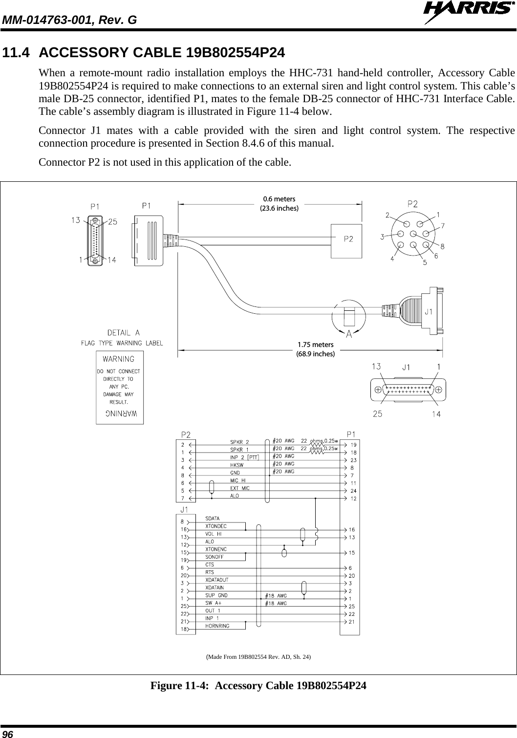 MM-014763-001, Rev. G   96 11.4 ACCESSORY CABLE 19B802554P24 When a remote-mount radio installation employs the HHC-731 hand-held controller, Accessory Cable 19B802554P24 is required to make connections to an external siren and light control system. This cable’s male DB-25 connector, identified P1, mates to the female DB-25 connector of HHC-731 Interface Cable. The cable’s assembly diagram is illustrated in Figure 11-4 below. Connector J1 mates with a cable provided with the siren and light control system. The respective connection procedure is presented in Section 8.4.6 of this manual. Connector P2 is not used in this application of the cable.    (Made From 19B802554 Rev. AD, Sh. 24)  Figure 11-4:  Accessory Cable 19B802554P24  0.6 meters(23.6 inches)1.75 meters(68.9 inches)