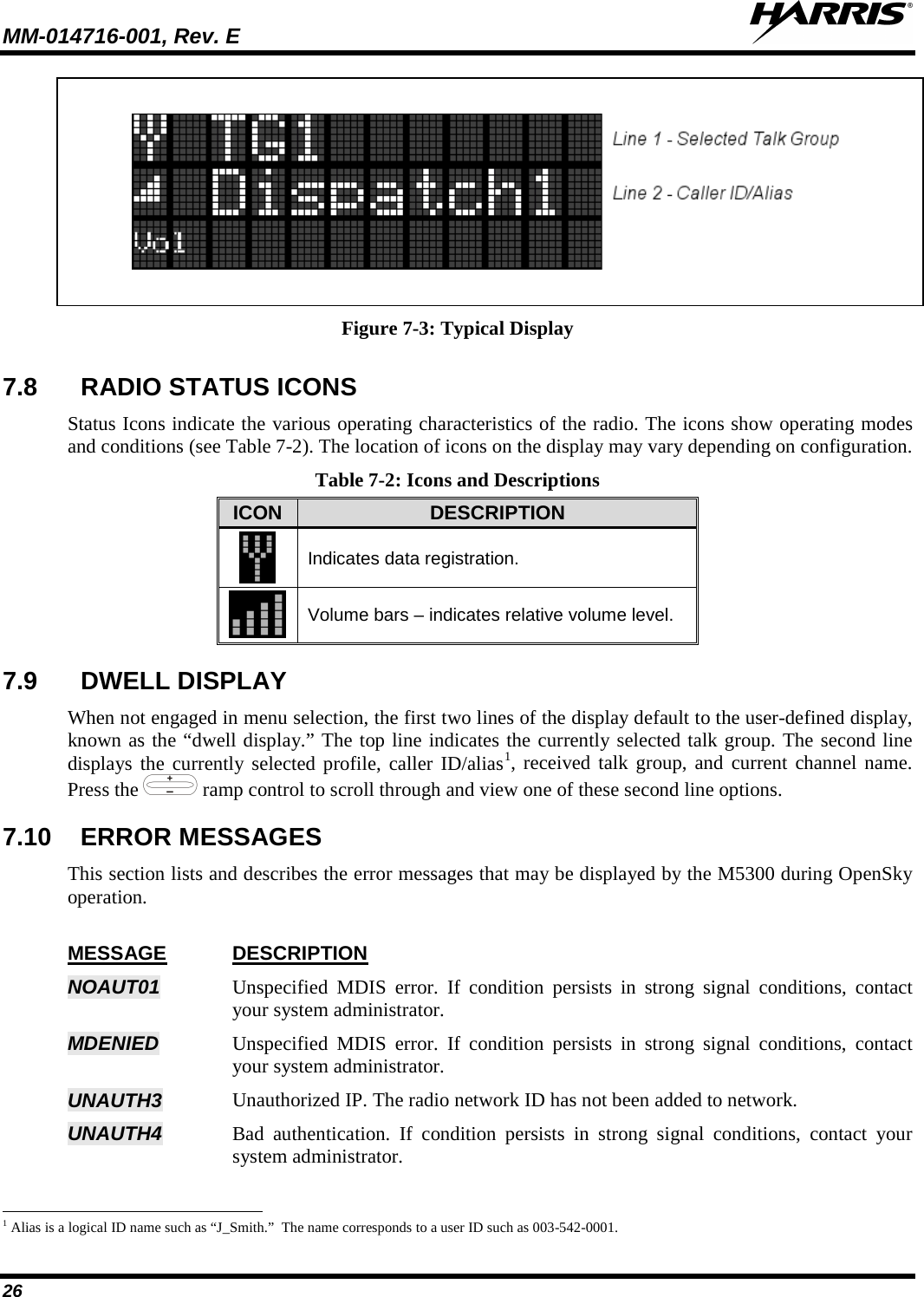 MM-014716-001, Rev. E  26    Figure 7-3: Typical Display 7.8 RADIO STATUS ICONS Status Icons indicate the various operating characteristics of the radio. The icons show operating modes and conditions (see Table 7-2). The location of icons on the display may vary depending on configuration. Table 7-2: Icons and Descriptions ICON DESCRIPTION  Indicates data registration.  Volume bars – indicates relative volume level. 7.9 DWELL DISPLAY When not engaged in menu selection, the first two lines of the display default to the user-defined display, known as the “dwell display.” The top line indicates the currently selected talk group. The second line displays the currently selected profile, caller ID/alias1, received talk group, and current channel name. Press the   ramp control to scroll through and view one of these second line options.  7.10 ERROR MESSAGES This section lists and describes the error messages that may be displayed by the M5300 during OpenSky operation.  MESSAGE DESCRIPTION NOAUT01 Unspecified MDIS error. If condition persists in strong signal conditions, contact your system administrator. MDENIED  Unspecified MDIS error. If condition persists in strong signal conditions, contact your system administrator. UNAUTH3 Unauthorized IP. The radio network ID has not been added to network. UNAUTH4 Bad authentication. If condition persists in strong signal conditions, contact your system administrator.                                                            1 Alias is a logical ID name such as “J_Smith.”  The name corresponds to a user ID such as 003-542-0001. 