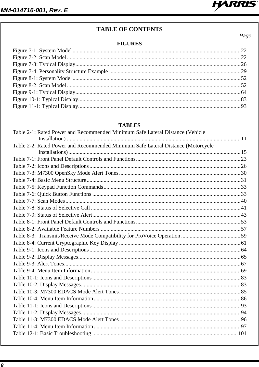 MM-014716-001, Rev. E  8 TABLE OF CONTENTS Page FIGURES Figure 7-1: System Model ....................................................................................................................... 22 Figure 7-2: Scan Model ........................................................................................................................... 22 Figure 7-3: Typical Display ..................................................................................................................... 26 Figure 7-4: Personality Structure Example ............................................................................................. 29 Figure 8-1: System Model ....................................................................................................................... 52 Figure 8-2: Scan Model ........................................................................................................................... 52 Figure 9-1: Typical Display ..................................................................................................................... 64 Figure 10-1: Typical Display ................................................................................................................... 83 Figure 11-1: Typical Display ................................................................................................................... 93   TABLES Table 2-1: Rated Power and Recommended Minimum Safe Lateral Distance (Vehicle Installation) ........................................................................................................................... 11 Table 2-2: Rated Power and Recommended Minimum Safe Lateral Distance (Motorcycle Installations) .......................................................................................................................... 15 Table 7-1: Front Panel Default Controls and Functions .......................................................................... 23 Table 7-2: Icons and Descriptions ........................................................................................................... 26 Table 7-3: M7300 OpenSky Mode Alert Tones ...................................................................................... 30 Table 7-4: Basic Menu Structure ............................................................................................................. 31 Table 7-5: Keypad Function Commands ................................................................................................. 33 Table 7-6: Quick Button Functions ......................................................................................................... 33 Table 7-7: Scan Modes ............................................................................................................................ 40 Table 7-8: Status of Selective Call .......................................................................................................... 41 Table 7-9: Status of Selective Alert ......................................................................................................... 43 Table 8-1: Front Panel Default Controls and Functions .......................................................................... 53 Table 8-2: Available Feature Numbers ................................................................................................... 57 Table 8-3:  Transmit/Receive Mode Compatibility for ProVoice Operation .......................................... 59 Table 8-4: Current Cryptographic Key Display ...................................................................................... 61 Table 9-1: Icons and Descriptions ........................................................................................................... 64 Table 9-2: Display Messages ................................................................................................................... 65 Table 9-3: Alert Tones ............................................................................................................................. 67 Table 9-4: Menu Item Information .......................................................................................................... 69 Table 10-1: Icons and Descriptions ......................................................................................................... 83 Table 10-2: Display Messages ................................................................................................................. 83 Table 10-3: M7300 EDACS Mode Alert Tones ...................................................................................... 85 Table 10-4: Menu Item Information ........................................................................................................ 86 Table 11-1: Icons and Descriptions ......................................................................................................... 93 Table 11-2: Display Messages ................................................................................................................. 94 Table 11-3: M7300 EDACS Mode Alert Tones ...................................................................................... 96 Table 11-4: Menu Item Information ........................................................................................................ 97 Table 12-1: Basic Troubleshooting ....................................................................................................... 101  