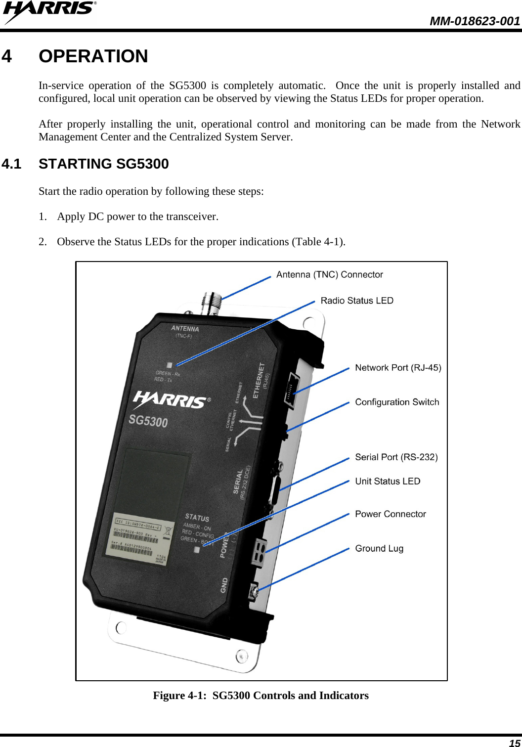  MM-018623-001  15 4  OPERATION In-service operation of the SG5300 is completely automatic.  Once the unit is properly installed and configured, local unit operation can be observed by viewing the Status LEDs for proper operation. After properly installing the unit, operational control and monitoring can be made from the Network Management Center and the Centralized System Server. 4.1 STARTING SG5300 Start the radio operation by following these steps: 1. Apply DC power to the transceiver.   2. Observe the Status LEDs for the proper indications (Table 4-1).  Figure 4-1:  SG5300 Controls and Indicators 