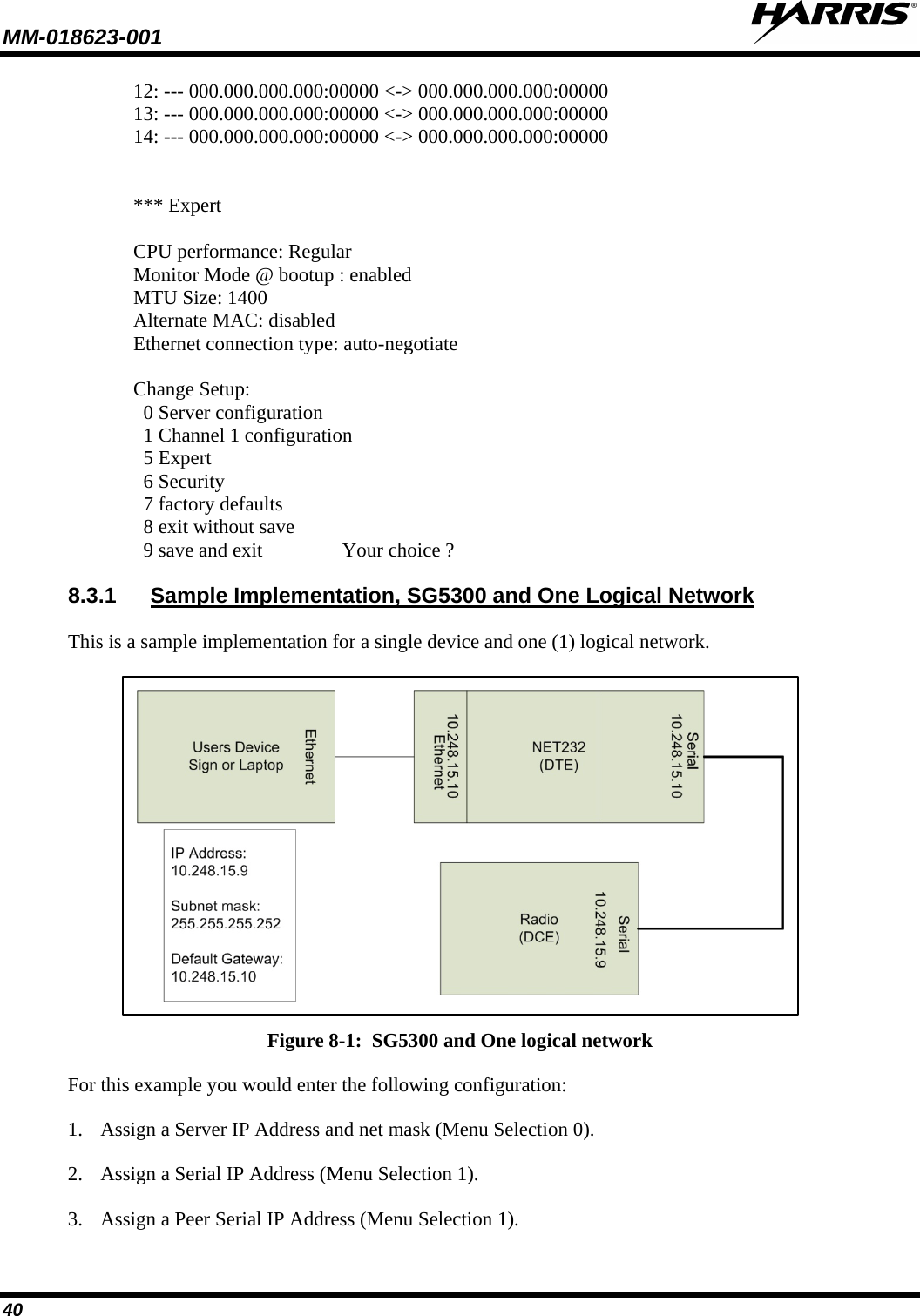 MM-018623-001   40 12: --- 000.000.000.000:00000 &lt;-&gt; 000.000.000.000:00000 13: --- 000.000.000.000:00000 &lt;-&gt; 000.000.000.000:00000 14: --- 000.000.000.000:00000 &lt;-&gt; 000.000.000.000:00000   *** Expert  CPU performance: Regular Monitor Mode @ bootup : enabled MTU Size: 1400 Alternate MAC: disabled Ethernet connection type: auto-negotiate  Change Setup:   0 Server configuration   1 Channel 1 configuration   5 Expert   6 Security   7 factory defaults   8 exit without save   9 save and exit                Your choice ? 8.3.1 Sample Implementation, SG5300 and One Logical Network This is a sample implementation for a single device and one (1) logical network.  Figure 8-1:  SG5300 and One logical network For this example you would enter the following configuration: 1. Assign a Server IP Address and net mask (Menu Selection 0). 2. Assign a Serial IP Address (Menu Selection 1). 3. Assign a Peer Serial IP Address (Menu Selection 1). 
