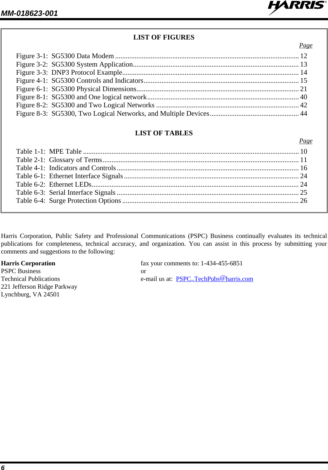 MM-018623-001   6 LIST OF FIGURES  Page  Figure 3-1:  SG5300 Data Modem ....................................................................................................... 12 Figure 3-2:  SG5300 System Application ............................................................................................. 13 Figure 3-3:  DNP3 Protocol Example ................................................................................................... 14 Figure 4-1:  SG5300 Controls and Indicators ....................................................................................... 15 Figure 6-1:  SG5300 Physical Dimensions ........................................................................................... 21 Figure 8-1:  SG5300 and One logical network ..................................................................................... 40 Figure 8-2:  SG5300 and Two Logical Networks ................................................................................ 42 Figure 8-3:  SG5300, Two Logical Networks, and Multiple Devices .................................................. 44  LIST OF TABLES  Page  Table 1-1:  MPE Table ......................................................................................................................... 10 Table 2-1:  Glossary of Terms .............................................................................................................. 11 Table 4-1:  Indicators and Controls ...................................................................................................... 16 Table 6-1:  Ethernet Interface Signals .................................................................................................. 24 Table 6-2:  Ethernet LEDs .................................................................................................................... 24 Table 6-3:  Serial Interface Signals ...................................................................................................... 25 Table 6-4:  Surge Protection Options ................................................................................................... 26    Harris Corporation, Public Safety and Professional Communications (PSPC) Business continually evaluates its technical publications for completeness, technical accuracy, and organization. You can assist in this process by submitting your comments and suggestions to the following: Harris Corporation    fax your comments to: 1-434-455-6851 PSPC Business    or Technical Publications    e-mail us at:  PSPC_TechPubs@harris.com 221 Jefferson Ridge Parkway Lynchburg, VA 24501    