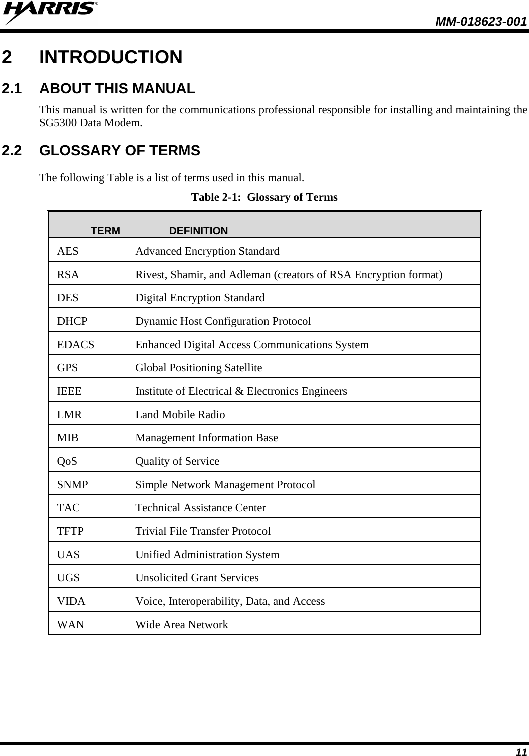  MM-018623-001  11 2  INTRODUCTION 2.1 ABOUT THIS MANUAL This manual is written for the communications professional responsible for installing and maintaining the SG5300 Data Modem. 2.2 GLOSSARY OF TERMS The following Table is a list of terms used in this manual. Table 2-1:  Glossary of Terms TERM DEFINITION AES Advanced Encryption Standard RSA  Rivest, Shamir, and Adleman (creators of RSA Encryption format) DES Digital Encryption Standard DHCP Dynamic Host Configuration Protocol EDACS  Enhanced Digital Access Communications System GPS Global Positioning Satellite IEEE Institute of Electrical &amp; Electronics Engineers LMR Land Mobile Radio MIB  Management Information Base QoS Quality of Service SNMP Simple Network Management Protocol TAC Technical Assistance Center TFTP Trivial File Transfer Protocol UAS Unified Administration System UGS Unsolicited Grant Services VIDA Voice, Interoperability, Data, and Access WAN Wide Area Network 