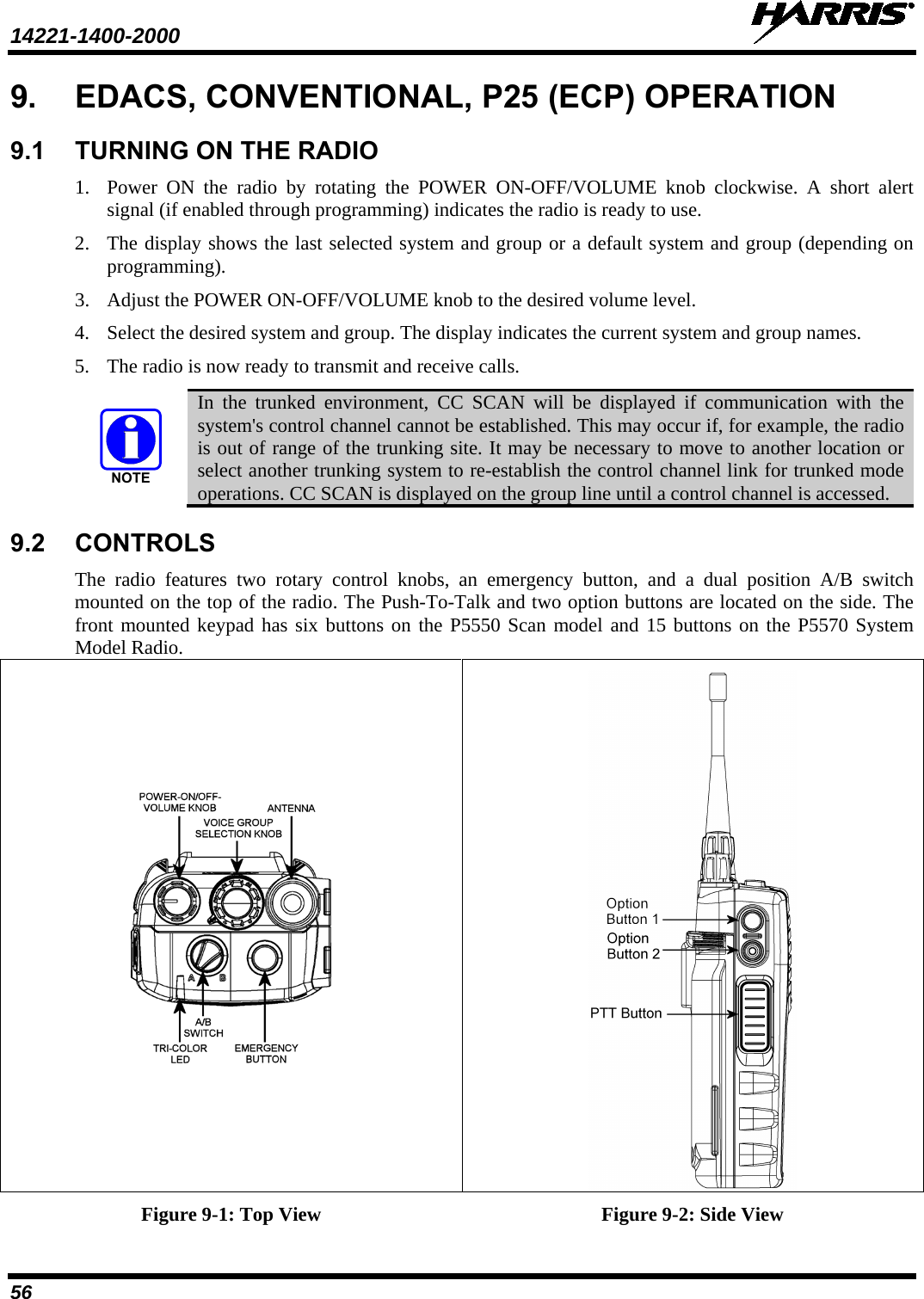 14221-1400-2000    56 9. EDACS, CONVENTIONAL, P25 (ECP) OPERATION 9.1 TURNING ON THE RADIO 1. Power ON the radio by rotating the POWER ON-OFF/VOLUME knob clockwise. A short alert signal (if enabled through programming) indicates the radio is ready to use.  2. The display shows the last selected system and group or a default system and group (depending on programming).  3. Adjust the POWER ON-OFF/VOLUME knob to the desired volume level.  4. Select the desired system and group. The display indicates the current system and group names.  5. The radio is now ready to transmit and receive calls. NOTE In the trunked environment, CC SCAN will be displayed if communication with the system&apos;s control channel cannot be established. This may occur if, for example, the radio is out of range of the trunking site. It may be necessary to move to another location or select another trunking system to re-establish the control channel link for trunked mode operations. CC SCAN is displayed on the group line until a control channel is accessed. 9.2 CONTROLS The radio features two rotary control knobs,  an emergency button,  and a dual position A/B switch mounted on the top of the radio. The Push-To-Talk and two option buttons are located on the side. The front mounted keypad has six buttons on the P5550 Scan model and 15 buttons on the P5570 System Model Radio.   Figure 9-1: Top View Figure 9-2: Side View 