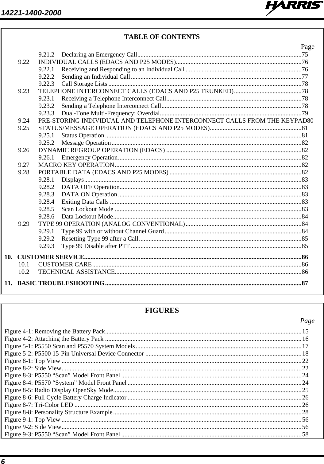 14221-1400-2000    6 TABLE OF CONTENTS Page 9.21.2 Declaring an Emergency Call ...................................................................................................... 75 9.22 INDIVIDUAL CALLS (EDACS AND P25 MODES) .............................................................................. 76 9.22.1 Receiving and Responding to an Individual Call ........................................................................ 76 9.22.2 Sending an Individual Call .......................................................................................................... 77 9.22.3 Call Storage Lists ........................................................................................................................ 78 9.23 TELEPHONE INTERCONNECT CALLS (EDACS AND P25 TRUNKED) .......................................... 78 9.23.1 Receiving a Telephone Interconnect Call .................................................................................... 78 9.23.2 Sending a Telephone Interconnect Call ....................................................................................... 78 9.23.3 Dual-Tone Multi-Frequency: Overdial ........................................................................................ 79 9.24 PRE-STORING INDIVIDUAL AND TELEPHONE INTERCONNECT CALLS FROM THE KEYPAD80 9.25 STATUS/MESSAGE OPERATION (EDACS AND P25 MODES) ......................................................... 81 9.25.1 Status Operation .......................................................................................................................... 81 9.25.2 Message Operation ...................................................................................................................... 82 9.26 DYNAMIC REGROUP OPERATION (EDACS) .................................................................................... 82 9.26.1 Emergency Operation .................................................................................................................. 82 9.27 MACRO KEY OPERATION .................................................................................................................... 82 9.28 PORTABLE DATA (EDACS AND P25 MODES) .................................................................................. 82 9.28.1 Displays ....................................................................................................................................... 83 9.28.2 DATA OFF Operation................................................................................................................. 83 9.28.3 DATA ON Operation .................................................................................................................. 83 9.28.4 Exiting Data Calls ....................................................................................................................... 83 9.28.5 Scan Lockout Mode .................................................................................................................... 83 9.28.6 Data Lockout Mode ..................................................................................................................... 84 9.29 TYPE 99 OPERATION (ANALOG CONVENTIONAL) ........................................................................ 84 9.29.1 Type 99 with or without Channel Guard ..................................................................................... 84 9.29.2 Resetting Type 99 after a Call ..................................................................................................... 85 9.29.3 Type 99 Disable after PTT .......................................................................................................... 85 10. CUSTOMER SERVICE....................................................................................................................................... 86 10.1 CUSTOMER CARE .................................................................................................................................. 86 10.2 TECHNICAL ASSISTANCE.................................................................................................................... 86 11. BASIC TROUBLESHOOTING .......................................................................................................................... 87   FIGURES Page Figure 4-1: Removing the Battery Pack .......................................................................................................................... 15 Figure 4-2: Attaching the Battery Pack .......................................................................................................................... 16 Figure 5-1: P5550 Scan and P5570 System Models ....................................................................................................... 17 Figure 5-2: P5500 15-Pin Universal Device Connector ................................................................................................. 18 Figure 8-1: Top View ..................................................................................................................................................... 22 Figure 8-2: Side View ..................................................................................................................................................... 22 Figure 8-3: P5550 “Scan” Model Front Panel ................................................................................................................ 24 Figure 8-4: P5570 “System” Model Front Panel ............................................................................................................ 24 Figure 8-5: Radio Display OpenSky Mode ..................................................................................................................... 25 Figure 8-6: Full Cycle Battery Charge Indicator ............................................................................................................ 26 Figure 8-7: Tri-Color LED ............................................................................................................................................. 26 Figure 8-8: Personality Structure Example ..................................................................................................................... 28 Figure 9-1: Top View ..................................................................................................................................................... 56 Figure 9-2: Side View ..................................................................................................................................................... 56 Figure 9-3: P5550 “Scan” Model Front Panel ................................................................................................................ 58 