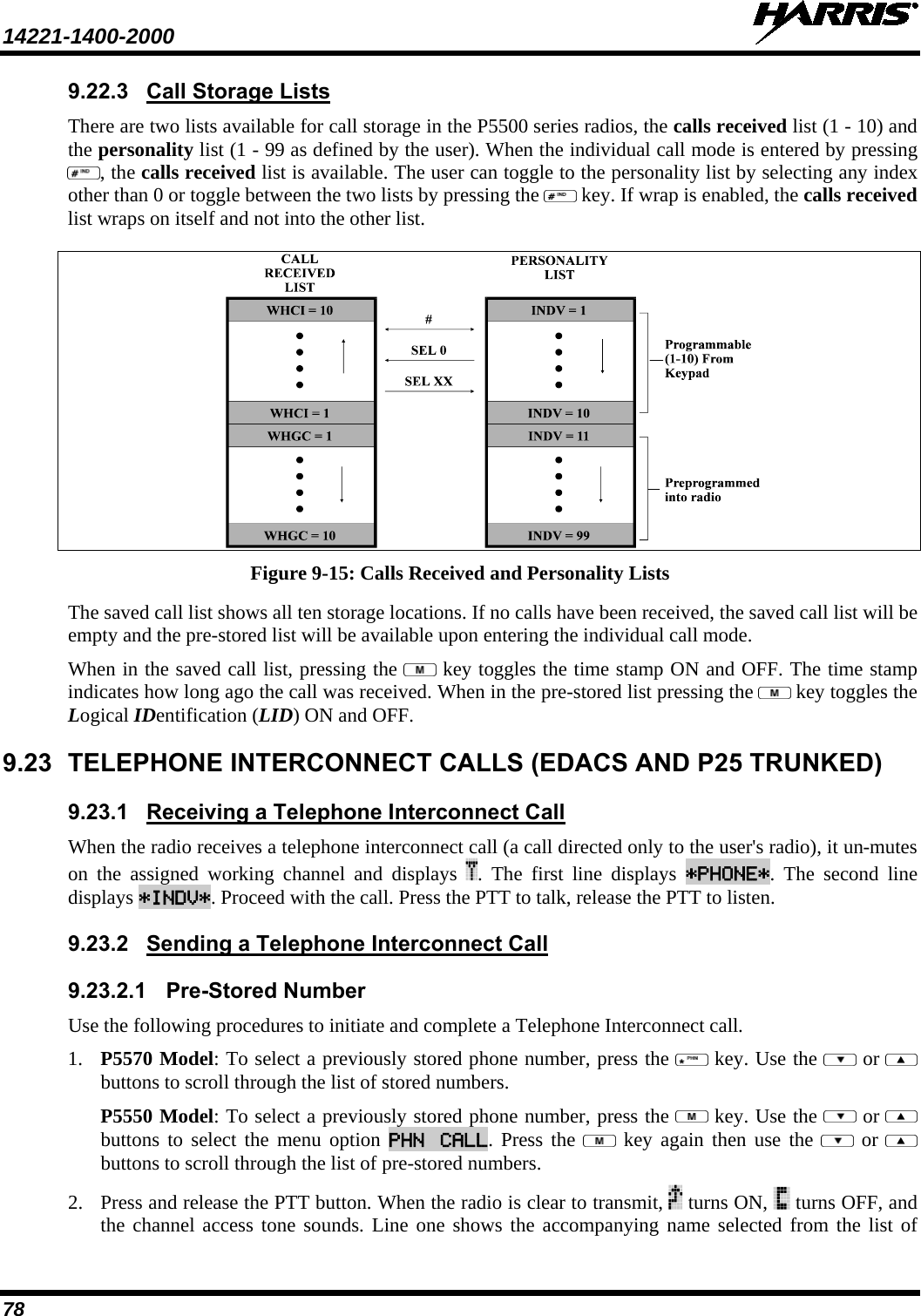 14221-1400-2000    78 9.22.3 Call Storage Lists There are two lists available for call storage in the P5500 series radios, the calls received list (1 - 10) and the personality list (1 - 99 as defined by the user). When the individual call mode is entered by pressing , the calls received list is available. The user can toggle to the personality list by selecting any index other than 0 or toggle between the two lists by pressing the   key. If wrap is enabled, the calls received list wraps on itself and not into the other list.  Figure 9-15: Calls Received and Personality Lists The saved call list shows all ten storage locations. If no calls have been received, the saved call list will be empty and the pre-stored list will be available upon entering the individual call mode.  When in the saved call list, pressing the   key toggles the time stamp ON and OFF. The time stamp indicates how long ago the call was received. When in the pre-stored list pressing the   key toggles the Logical IDentification (LID) ON and OFF. 9.23 TELEPHONE INTERCONNECT CALLS (EDACS AND P25 TRUNKED) 9.23.1 Receiving a Telephone Interconnect Call When the radio receives a telephone interconnect call (a call directed only to the user&apos;s radio), it un-mutes on the assigned working channel and displays  . The first line displays  *PHONE*. The second line displays *INDV*. Proceed with the call. Press the PTT to talk, release the PTT to listen. 9.23.2 Sending a Telephone Interconnect Call 9.23.2.1 Pre-Stored Number Use the following procedures to initiate and complete a Telephone Interconnect call.  1. P5570 Model: To select a previously stored phone number, press the   key. Use the   or  buttons to scroll through the list of stored numbers.  P5550 Model: To select a previously stored phone number, press the   key. Use the   or  buttons to select the menu option PHN CALL. Press the   key again then use the   or  buttons to scroll through the list of pre-stored numbers.  2. Press and release the PTT button. When the radio is clear to transmit,   turns ON,   turns OFF, and the channel access tone sounds. Line one shows the accompanying name selected from the list of 