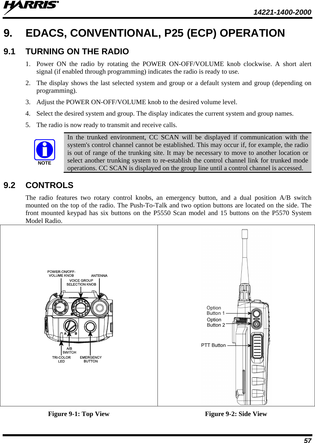  14221-1400-2000  57 9. EDACS, CONVENTIONAL, P25 (ECP) OPERATION 9.1 TURNING ON THE RADIO 1. Power ON the radio by rotating the POWER ON-OFF/VOLUME knob clockwise. A short alert signal (if enabled through programming) indicates the radio is ready to use.  2. The display shows the last selected system and group or a default system and group (depending on programming).  3. Adjust the POWER ON-OFF/VOLUME knob to the desired volume level.  4. Select the desired system and group. The display indicates the current system and group names.  5. The radio is now ready to transmit and receive calls. NOTE In the trunked environment, CC SCAN will be displayed if communication with the system&apos;s control channel cannot be established. This may occur if, for example, the radio is out of range of the trunking site. It may be necessary to move to another location or select another trunking system to re-establish the control channel link for trunked mode operations. CC SCAN is displayed on the group line until a control channel is accessed. 9.2 CONTROLS The radio features two rotary control knobs,  an emergency button,  and a dual position A/B switch mounted on the top of the radio. The Push-To-Talk and two option buttons are located on the side. The front mounted keypad has six buttons on the P5550 Scan model and 15 buttons on the P5570 System Model Radio.   Figure 9-1: Top View Figure 9-2: Side View 