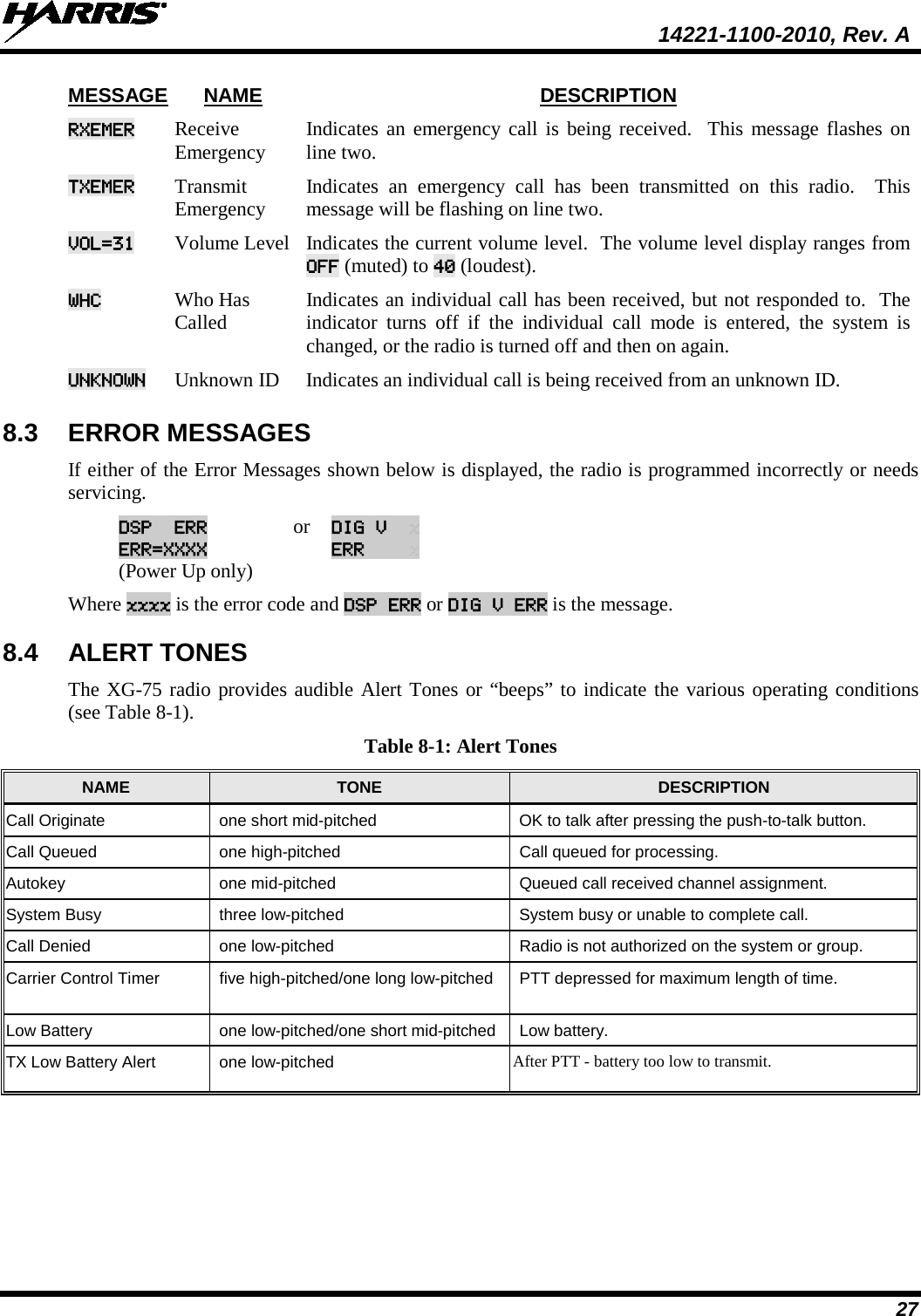  14221-1100-2010, Rev. A 27 MESSAGE NAME DESCRIPTION RXEMER Receive Emergency Indicates an emergency call is being received.  This message flashes on line two.  TXEMER Transmit Emergency Indicates an emergency call has been transmitted on this radio.  This message will be flashing on line two.  VOL=31 Volume Level Indicates the current volume level.  The volume level display ranges from OFF (muted) to 40 (loudest).  WHC Who Has Called Indicates an individual call has been received, but not responded to.  The indicator turns off if the individual call mode is entered, the system is changed, or the radio is turned off and then on again.  UNKNOWN Unknown ID  Indicates an individual call is being received from an unknown ID.  8.3 ERROR MESSAGES If either of the Error Messages shown below is displayed, the radio is programmed incorrectly or needs servicing.  DSP  ERR ERR=XXXX (Power Up only)  or DIG V  x ERR    x Where xxxx is the error code and DSP ERR or DIG V ERR is the message. 8.4 ALERT TONES The XG-75 radio provides audible Alert Tones or “beeps” to indicate the various operating conditions (see Table 8-1). Table 8-1: Alert Tones NAME TONE DESCRIPTION Call Originate one short mid-pitched OK to talk after pressing the push-to-talk button. Call Queued one high-pitched Call queued for processing. Autokey one mid-pitched Queued call received channel assignment. System Busy three low-pitched System busy or unable to complete call. Call Denied one low-pitched Radio is not authorized on the system or group. Carrier Control Timer five high-pitched/one long low-pitched PTT depressed for maximum length of time. Low Battery one low-pitched/one short mid-pitched Low battery. TX Low Battery Alert one low-pitched After PTT - battery too low to transmit. 