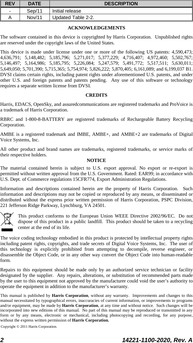  2 14221-1100-2020, Rev. A  REV DATE DESCRIPTION - Sep/11 Initial release A Nov/11 Updated Table 2-2. ACKNOWLEDGEMENTS The software contained in this device is copyrighted by Harris Corporation.  Unpublished rights are reserved under the copyright laws of the United States. This device is made under license under one or more of the following US patents: 4,590,473; 4,636,791; 5,148,482; 5,185,796; 5,271,017; 5,377,229; 4,716,407; 4,972,460; 5,502,767; 5,146,497; 5,164,986; 5,185,795; 5,226,084; 5,247,579; 5,491,772; 5,517,511; 5,630,011; 5,649,050; 5,701,390; 5,715,365; 5,754,974; 5,826,222; 5,870,405; 6,161,089; and 6,199,037 B1.  DVSI claims certain rights, including patent rights under aforementioned U.S. patents, and under other U.S. and foreign patents and patents pending.  Any use of this software or technology requires a separate written license from DVSI. CREDITS Harris, EDACS, OpenSky, and assuredcommunications are registered trademarks and ProVoice is a trademark of Harris Corporation.  RBRC and 1-800-8-BATTERY are registered trademarks of Rechargeable Battery Recycling Corporation. AMBE is a registered trademark and IMBE, AMBE+, and AMBE+2 are trademarks of Digital Voice Systems, Inc. All other product and brand names are trademarks, registered trademarks, or service marks of their respective holders. NOTICE The material contained herein is subject to U.S. export approval. No export or re-export is permitted without written approval from the U.S. Government. Rated: EAR99; in accordance with U.S. Dept. of Commerce regulations 15CFR774, Export Administration Regulations. Information and descriptions contained herein are the property of Harris Corporation.  Such information and descriptions may not be copied or reproduced by any means, or disseminated or distributed without the express prior written permission of Harris Corporation, PSPC Division, 221 Jefferson Ridge Parkway, Lynchburg, VA 24501.   This product conforms to the European Union WEEE Directive 2002/96/EC.  Do not dispose of this product in a public landfill.  This product should be taken to a recycling center at the end of its life. The voice coding technology embodied in this product is protected by intellectual property rights including patent rights, copyrights, and trade secrets of Digital Voice Systems, Inc.  The user of this technology is explicitly prohibited from attempting to decompile, reverse engineer, or disassemble the Object Code, or in any other way convert the Object Code into human-readable form. Repairs to this equipment should be made only by an authorized service technician or facility designated by the supplier.  Any repairs, alterations, or substitution of recommended parts made by the user to this equipment not approved by the manufacturer could void the user’s authority to operate the equipment in addition to the manufacturer’s warranty. This manual is published by Harris Corporation, without any warranty.  Improvements and changes to this manual necessitated by typographical errors, inaccuracies of current information, or improvements to programs and/or equipment, may be made by Harris Corporation, at any time and without notice.  Such changes will be incorporated into new editions of this manual.  No part of this manual may be reproduced or transmitted in any form or by any means, electronic or mechanical, including photocopying and recording, for any purpose, without the express written permission of Harris Corporation.  Copyright © 2011 Harris Corporation.   