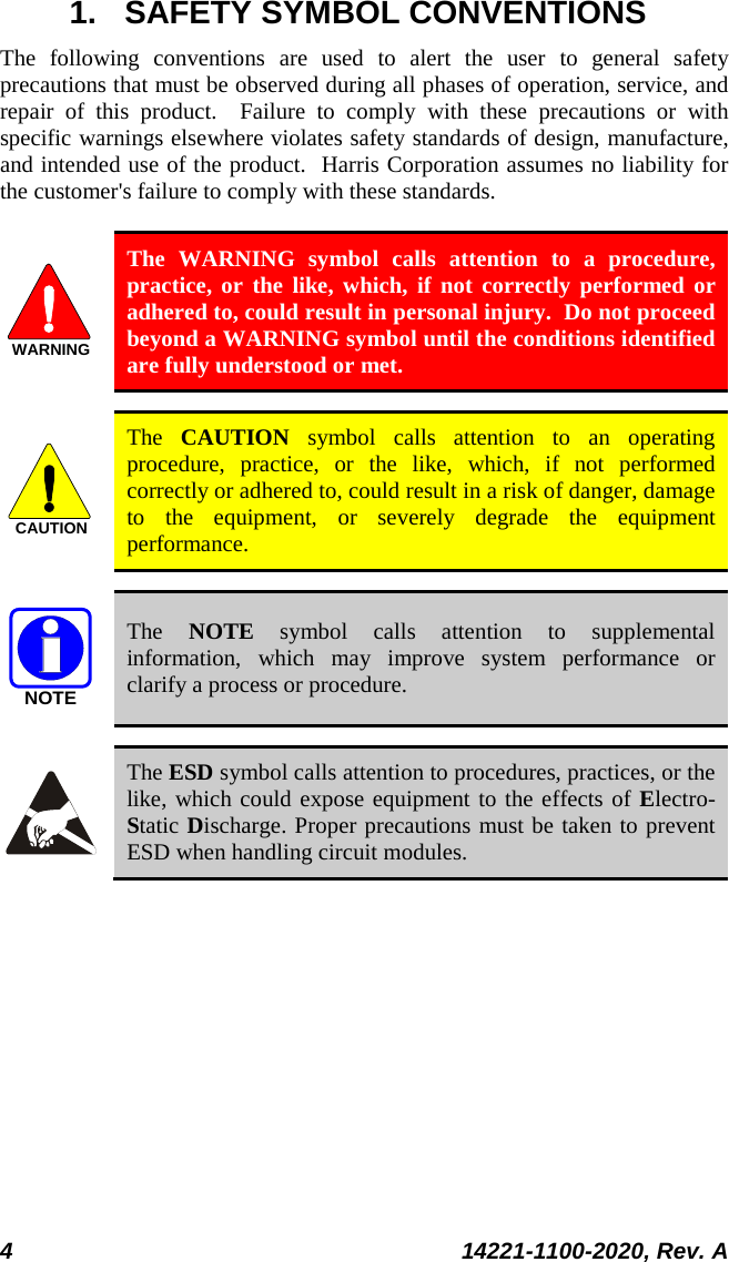  4 14221-1100-2020, Rev. A  1. SAFETY SYMBOL CONVENTIONS The following conventions are used to alert the user to general safety precautions that must be observed during all phases of operation, service, and repair of this product.  Failure to comply with these precautions or with specific warnings elsewhere violates safety standards of design, manufacture, and intended use of the product.  Harris Corporation assumes no liability for the customer&apos;s failure to comply with these standards.  WARNING The WARNING symbol calls attention to a procedure, practice, or the like, which, if not correctly performed or adhered to, could result in personal injury.  Do not proceed beyond a WARNING symbol until the conditions identified are fully understood or met.    CAUTION The  CAUTION symbol calls attention to an operating procedure, practice, or the like, which, if not performed correctly or adhered to, could result in a risk of danger, damage to the equipment, or severely degrade the equipment performance.   NOTE The  NOTE symbol calls attention to supplemental information, which may improve system performance or clarify a process or procedure.    The ESD symbol calls attention to procedures, practices, or the like, which could expose equipment to the effects of Electro-Static Discharge. Proper precautions must be taken to prevent ESD when handling circuit modules. 