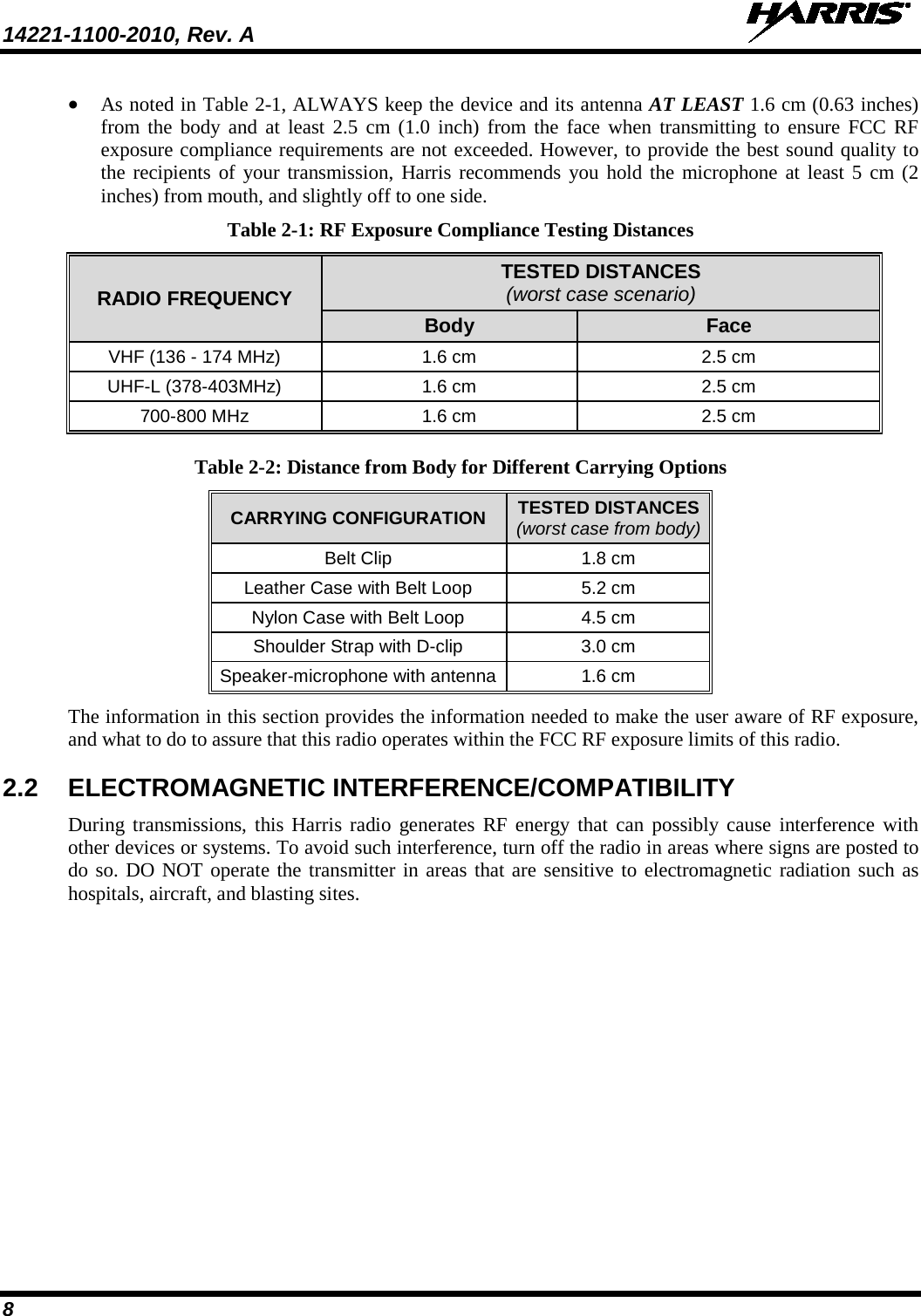 14221-1100-2010, Rev. A   8 • As noted in Table 2-1, ALWAYS keep the device and its antenna AT LEAST 1.6 cm (0.63 inches) from the body and at least 2.5 cm (1.0 inch) from the face when transmitting to ensure FCC RF exposure compliance requirements are not exceeded. However, to provide the best sound quality to the recipients of your transmission, Harris recommends you hold the microphone at least 5 cm (2 inches) from mouth, and slightly off to one side. Table 2-1: RF Exposure Compliance Testing Distances RADIO FREQUENCY TESTED DISTANCES (worst case scenario) Body  Face VHF (136 - 174 MHz) 1.6 cm 2.5 cm UHF-L (378-403MHz) 1.6 cm 2.5 cm 700-800 MHz 1.6 cm 2.5 cm Table 2-2: Distance from Body for Different Carrying Options CARRYING CONFIGURATION TESTED DISTANCES (worst case from body) Belt Clip 1.8 cm Leather Case with Belt Loop 5.2 cm Nylon Case with Belt Loop 4.5 cm Shoulder Strap with D-clip 3.0 cm Speaker-microphone with antenna 1.6 cm The information in this section provides the information needed to make the user aware of RF exposure, and what to do to assure that this radio operates within the FCC RF exposure limits of this radio. 2.2 ELECTROMAGNETIC INTERFERENCE/COMPATIBILITY During transmissions, this Harris radio generates RF energy that can possibly cause interference with other devices or systems. To avoid such interference, turn off the radio in areas where signs are posted to do so. DO NOT operate the transmitter in areas that are sensitive to electromagnetic radiation such as hospitals, aircraft, and blasting sites. 