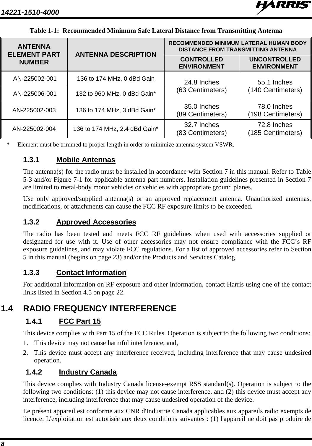 14221-1510-4000   8 Table 1-1:  Recommended Minimum Safe Lateral Distance from Transmitting Antenna ANTENNA ELEMENT PART NUMBER ANTENNA DESCRIPTION RECOMMENDED MINIMUM LATERAL HUMAN BODY DISTANCE FROM TRANSMITTING ANTENNA CONTROLLED ENVIRONMENT UNCONTROLLED ENVIRONMENT  AN-225002-001 136 to 174 MHz, 0 dBd Gain 24.8 Inches (63 Centimeters) 55.1 Inches (140 Centimeters)  AN-225006-001 132 to 960 MHz, 0 dBd Gain* AN-225002-003 136 to 174 MHz, 3 dBd Gain*  35.0 Inches (89 Centimeters) 78.0 Inches (198 Centimeters) AN-225002-004  136 to 174 MHz, 2.4 dBd Gain*  32.7 Inches (83 Centimeters) 72.8 Inches (185 Centimeters) *  Element must be trimmed to proper length in order to minimize antenna system VSWR. 1.3.1 Mobile Antennas The antenna(s) for the radio must be installed in accordance with Section 7 in this manual. Refer to Table 5-3 and/or Figure 7-1 for applicable antenna part numbers. Installation guidelines presented in Section 7 are limited to metal-body motor vehicles or vehicles with appropriate ground planes. Use only approved/supplied antenna(s) or an approved replacement antenna. Unauthorized antennas, modifications, or attachments can cause the FCC RF exposure limits to be exceeded. 1.3.2 Approved Accessories The  radio has been tested and meets FCC RF guidelines when used with accessories supplied or designated for use with it. Use of other accessories may not ensure compliance with the FCC’s RF exposure guidelines, and may violate FCC regulations. For a list of approved accessories refer to Section 5 in this manual (begins on page 23) and/or the Products and Services Catalog. 1.3.3 Contact Information For additional information on RF exposure and other information, contact Harris using one of the contact links listed in Section 4.5 on page 22. 1.4 RADIO FREQUENCY INTERFERENCE 1.4.1 FCC Part 15 This device complies with Part 15 of the FCC Rules. Operation is subject to the following two conditions: 1. This device may not cause harmful interference; and, 2. This device must accept any interference received, including interference that may cause undesired operation. 1.4.2 Industry Canada This device complies with Industry Canada license-exempt RSS standard(s). Operation is subject to the following two conditions: (1) this device may not cause interference, and (2) this device must accept any interference, including interference that may cause undesired operation of the device. Le présent appareil est conforme aux CNR d&apos;Industrie Canada applicables aux appareils radio exempts de licence. L&apos;exploitation est autorisée aux deux conditions suivantes : (1) l&apos;appareil ne doit pas produire de 