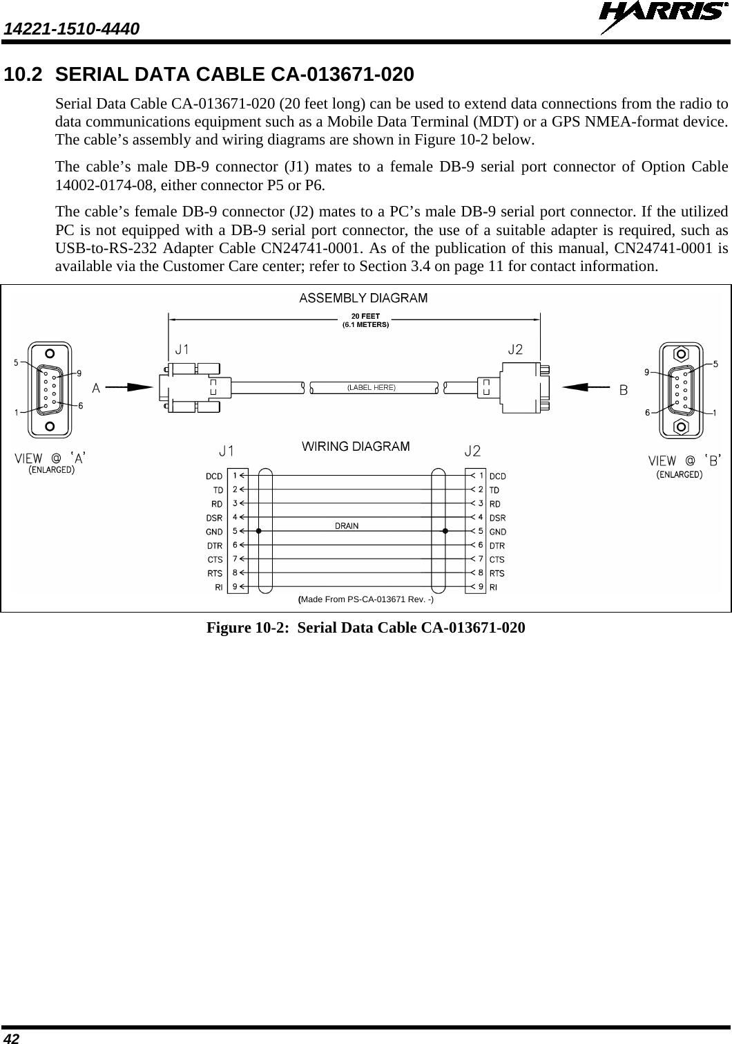 14221-1510-4440   42 10.2 SERIAL DATA CABLE CA-013671-020 Serial Data Cable CA-013671-020 (20 feet long) can be used to extend data connections from the radio to data communications equipment such as a Mobile Data Terminal (MDT) or a GPS NMEA-format device. The cable’s assembly and wiring diagrams are shown in Figure 10-2 below. The cable’s male DB-9 connector (J1) mates to  a  female DB-9 serial port connector of Option Cable 14002-0174-08, either connector P5 or P6. The cable’s female DB-9 connector (J2) mates to a PC’s male DB-9 serial port connector. If the utilized PC is not equipped with a DB-9 serial port connector, the use of a suitable adapter is required, such as USB-to-RS-232 Adapter Cable CN24741-0001. As of the publication of this manual, CN24741-0001 is available via the Customer Care center; refer to Section 3.4 on page 11 for contact information.  (Made From PS-CA-013671 Rev. -) Figure 10-2:  Serial Data Cable CA-013671-020  