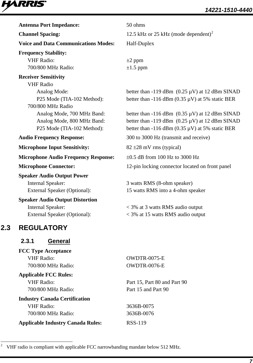  14221-1510-4440 7 Antenna Port Impedance: 50 ohms Channel Spacing: 12.5 kHz or 25 kHz (mode dependent)2 Voice and Data Communications Modes: Half-Duplex Frequency Stability: VHF Radio:  ±2 ppm 700/800 MHz Radio:  ±1.5 ppm Receiver Sensitivity VHF Radio  Analog Mode: better than -119 dBm  (0.25 µV) at 12 dBm SINAD  P25 Mode (TIA-102 Method): better than -116 dBm (0.35 µV) at 5% static BER 700/800 MHz Radio  Analog Mode, 700 MHz Band: better than -116 dBm  (0.35 µV) at 12 dBm SINAD  Analog Mode, 800 MHz Band: better than -119 dBm  (0.25 µV) at 12 dBm SINAD  P25 Mode (TIA-102 Method): better than -116 dBm (0.35 µV) at 5% static BER Audio Frequency Response: 300 to 3000 Hz (transmit and receive) Microphone Input Sensitivity: 82 ±28 mV rms (typical) Microphone Audio Frequency Response: ±0.5 dB from 100 Hz to 3000 Hz Microphone Connector:  12-pin locking connector located on front panel Speaker Audio Output Power Internal Speaker:  3 watts RMS (8-ohm speaker) External Speaker (Optional):  15 watts RMS into a 4-ohm speaker Speaker Audio Output Distortion Internal Speaker:  &lt; 3% at 3 watts RMS audio output  External Speaker (Optional):  &lt; 3% at 15 watts RMS audio output 2.3 REGULATORY 2.3.1 General FCC Type Acceptance VHF Radio: OWDTR-0075-E 700/800 MHz Radio: OWDTR-0076-E Applicable FCC Rules: VHF Radio: Part 15, Part 80 and Part 90 700/800 MHz Radio: Part 15 and Part 90 Industry Canada Certification VHF Radio: 3636B-0075 700/800 MHz Radio: 3636B-0076 Applicable Industry Canada Rules:  RSS-119                                                            2   VHF radio is compliant with applicable FCC narrowbanding mandate below 512 MHz.  