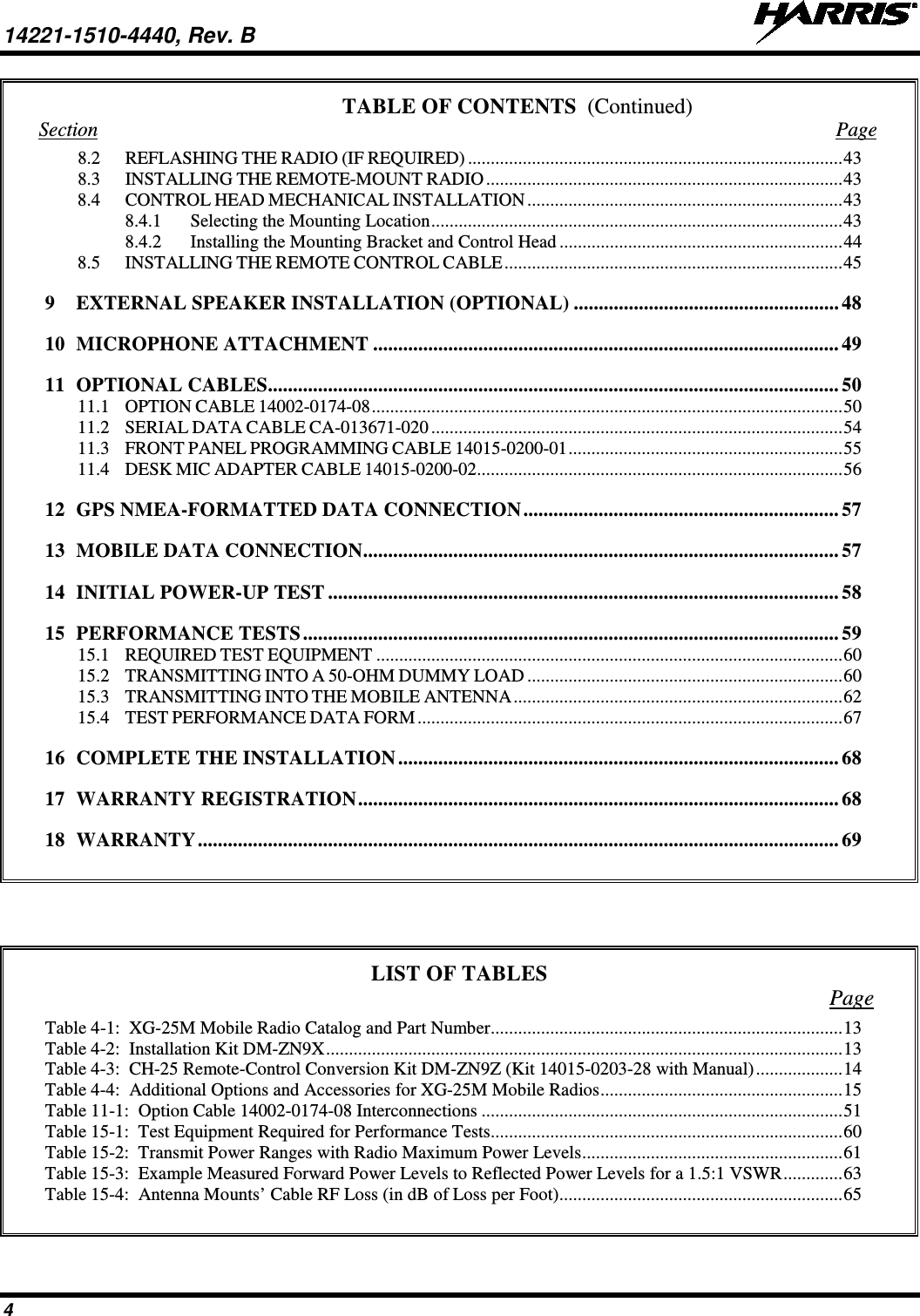 14221-1510-4440, Rev. B   4 TABLE OF CONTENTS Section  Page 8.2 REFLASHING THE RADIO (IF REQUIRED) .................................................................................. 43 8.3 INSTALLING THE REMOTE-MOUNT RADIO .............................................................................. 43 8.4 CONTROL HEAD MECHANICAL INSTALLATION ..................................................................... 43 8.4.1 Selecting the Mounting Location .......................................................................................... 43 8.4.2 Installing the Mounting Bracket and Control Head .............................................................. 44 8.5 INSTALLING THE REMOTE CONTROL CABLE .......................................................................... 45 9 EXTERNAL SPEAKER INSTALLATION (OPTIONAL) ..................................................... 48 10 MICROPHONE ATTACHMENT ............................................................................................. 49 11 OPTIONAL CABLES .................................................................................................................. 50 11.1 OPTION CABLE 14002-0174-08 ....................................................................................................... 50 11.2 SERIAL DATA CABLE CA-013671-020 .......................................................................................... 54 11.3 FRONT PANEL PROGRAMMING CABLE 14015-0200-01 ............................................................ 55 11.4 DESK MIC ADAPTER CABLE 14015-0200-02 ................................................................................ 56 12 GPS NMEA-FORMATTED DATA CONNECTION ............................................................... 57 13 MOBILE DATA CONNECTION ............................................................................................... 57 14 INITIAL POWER-UP TEST ...................................................................................................... 58 15 PERFORMANCE TESTS ........................................................................................................... 59 15.1 REQUIRED TEST EQUIPMENT ...................................................................................................... 60 15.2 TRANSMITTING INTO A 50-OHM DUMMY LOAD ..................................................................... 60 15.3 TRANSMITTING INTO THE MOBILE ANTENNA ........................................................................ 62 15.4 TEST PERFORMANCE DATA FORM ............................................................................................. 67 16 COMPLETE THE INSTALLATION ........................................................................................ 68 17 WARRANTY REGISTRATION ................................................................................................ 68 18 WARRANTY ................................................................................................................................ 69       LIST OF TABLES Page Table 4-1:  XG-25M Mobile Radio Catalog and Part Number ............................................................................. 13 Table 4-2:  Installation Kit DM-ZN9X ................................................................................................................. 13 Table 4-3:  CH-25 Remote-Control Conversion Kit DM-ZN9Z (Kit 14015-0203-28 with Manual) ................... 14 Table 4-4:  Additional Options and Accessories for XG-25M Mobile Radios ..................................................... 15 Table 11-1:  Option Cable 14002-0174-08 Interconnections ............................................................................... 51 Table 15-1:  Test Equipment Required for Performance Tests............................................................................. 60 Table 15-2:  Transmit Power Ranges with Radio Maximum Power Levels ......................................................... 61 Table 15-3:  Example Measured Forward Power Levels to Reflected Power Levels for a 1.5:1 VSWR ............. 63 Table 15-4:  Antenna Mounts’ Cable RF Loss (in dB of Loss per Foot) .............................................................. 65   (Continued) 