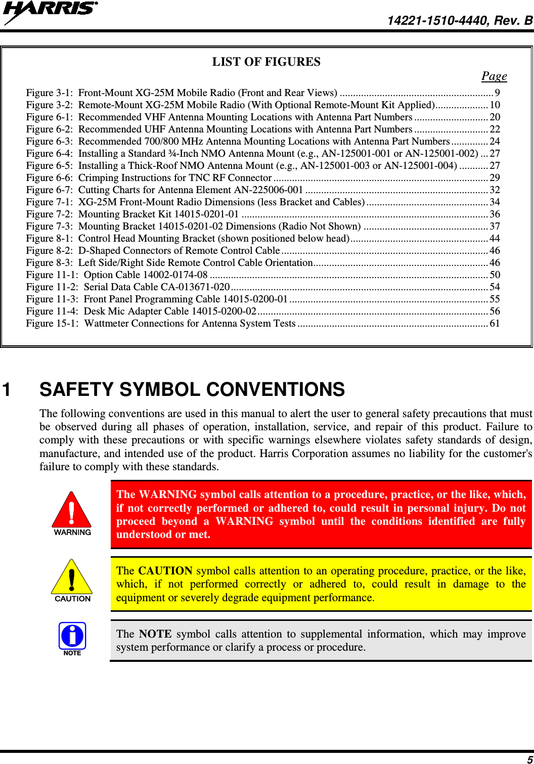  14221-1510-4440, Rev. B 5 LIST OF FIGURES Page Figure 3-1:  Front-Mount XG-25M Mobile Radio (Front and Rear Views) .......................................................... 9 Figure 3-2:  Remote-Mount XG-25M Mobile Radio (With Optional Remote-Mount Kit Applied) .................... 10 Figure 6-1:  Recommended VHF Antenna Mounting Locations with Antenna Part Numbers ............................ 20 Figure 6-2:  Recommended UHF Antenna Mounting Locations with Antenna Part Numbers ............................ 22 Figure 6-3:  Recommended 700/800 MHz Antenna Mounting Locations with Antenna Part Numbers .............. 24 Figure 6-4:  Installing a Standard ¾-Inch NMO Antenna Mount (e.g., AN-125001-001 or AN-125001-002) ... 27 Figure 6-5:  Installing a Thick-Roof NMO Antenna Mount (e.g., AN-125001-003 or AN-125001-004) ........... 27 Figure 6-6:  Crimping Instructions for TNC RF Connector ................................................................................. 29 Figure 6-7:  Cutting Charts for Antenna Element AN-225006-001 ..................................................................... 32 Figure 7-1:  XG-25M Front-Mount Radio Dimensions (less Bracket and Cables) .............................................. 34 Figure 7-2:  Mounting Bracket Kit 14015-0201-01 ............................................................................................. 36 Figure 7-3:  Mounting Bracket 14015-0201-02 Dimensions (Radio Not Shown) ............................................... 37 Figure 8-1:  Control Head Mounting Bracket (shown positioned below head) .................................................... 44 Figure 8-2:  D-Shaped Connectors of Remote Control Cable .............................................................................. 46 Figure 8-3:  Left Side/Right Side Remote Control Cable Orientation .................................................................. 46 Figure 11-1:  Option Cable 14002-0174-08 ......................................................................................................... 50 Figure 11-2:  Serial Data Cable CA-013671-020 ................................................................................................. 54 Figure 11-3:  Front Panel Programming Cable 14015-0200-01 ........................................................................... 55 Figure 11-4:  Desk Mic Adapter Cable 14015-0200-02 ....................................................................................... 56 Figure 15-1:  Wattmeter Connections for Antenna System Tests ........................................................................ 61   1  SAFETY SYMBOL CONVENTIONS The following conventions are used in this manual to alert the user to general safety precautions that must be observed during all phases of operation, installation,  service, and repair of this product. Failure to comply with these precautions or with specific warnings elsewhere violates safety standards of design, manufacture, and intended use of the product. Harris Corporation assumes no liability for the customer&apos;s failure to comply with these standards. WARNING The WARNING symbol calls attention to a procedure, practice, or the like, which, if not correctly performed or adhered to, could result in personal injury. Do not proceed beyond a WARNING symbol until the conditions identified are fully understood or met.   CAUTION The CAUTION symbol calls attention to an operating procedure, practice, or the like, which, if not performed correctly or adhered to, could result in damage to the equipment or severely degrade equipment performance.    NOTE The NOTE symbol calls attention to supplemental information, which may improve system performance or clarify a process or procedure. 