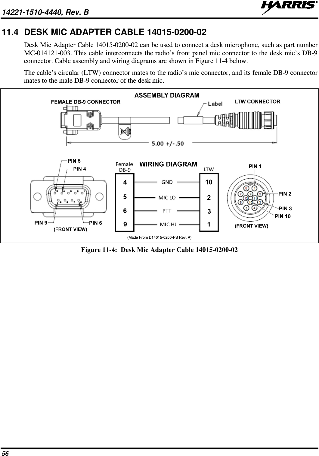 14221-1510-4440, Rev. B   56 11.4 DESK MIC ADAPTER CABLE 14015-0200-02 Desk Mic Adapter Cable 14015-0200-02 can be used to connect a desk microphone, such as part number MC-014121-003. This cable interconnects the radio’s front panel mic connector to the desk mic’s DB-9 connector. Cable assembly and wiring diagrams are shown in Figure 11-4 below. The cable’s circular (LTW) connector mates to the radio’s mic connector, and its female DB-9 connector mates to the male DB-9 connector of the desk mic.  (Made From D14015-0200-PS Rev. A) Figure 11-4:  Desk Mic Adapter Cable 14015-0200-02  