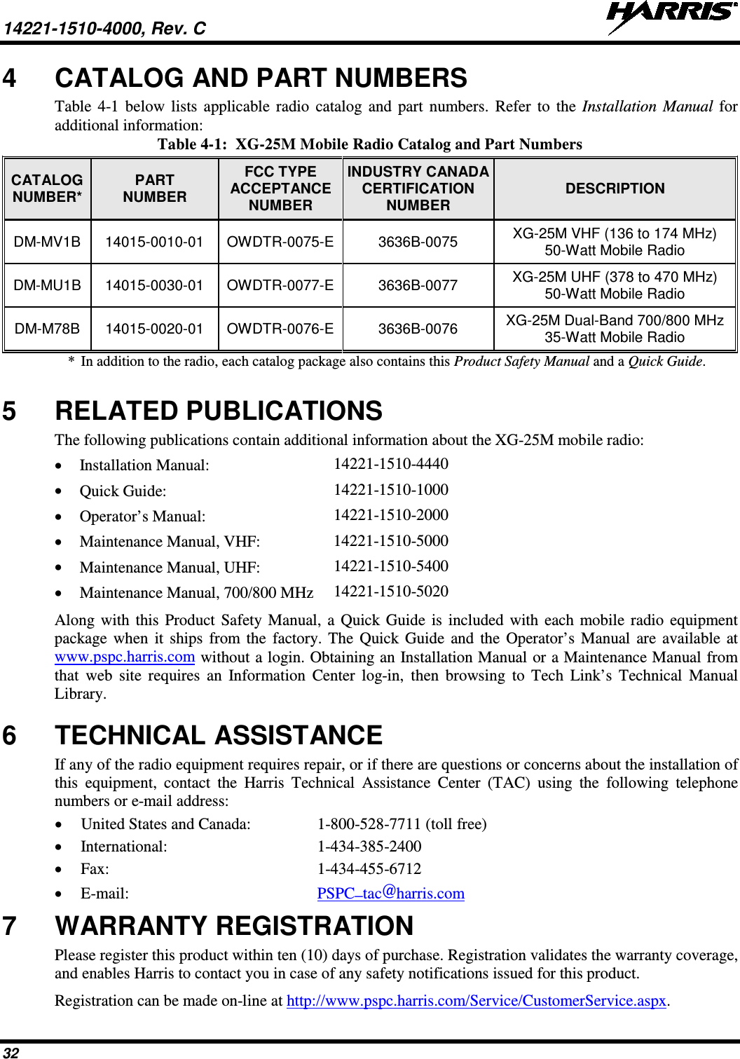 14221-1510-4000, Rev. C   32 4  CATALOG AND PART NUMBERS Table 4-1  below lists applicable radio catalog and part numbers. Refer to the Installation Manual for additional information: Table 4-1:  XG-25M Mobile Radio Catalog and Part Numbers CATALOG NUMBER* PART NUMBER FCC TYPE ACCEPTANCE NUMBER INDUSTRY CANADA CERTIFICATION NUMBER DESCRIPTION DM-MV1B 14015-0010-01 OWDTR-0075-E  3636B-0075 XG-25M VHF (136 to 174 MHz) 50-Watt Mobile Radio DM-MU1B 14015-0030-01 OWDTR-0077-E  3636B-0077  XG-25M UHF (378 to 470 MHz) 50-Watt Mobile Radio DM-M78B 14015-0020-01 OWDTR-0076-E  3636B-0076  XG-25M Dual-Band 700/800 MHz 35-Watt Mobile Radio *  In addition to the radio, each catalog package also contains this Product Safety Manual and a Quick Guide. 5  RELATED PUBLICATIONS The following publications contain additional information about the XG-25M mobile radio: • Installation Manual: 14221-1510-4440 • Quick Guide: 14221-1510-1000 • Operator’s Manual: 14221-1510-2000 • Maintenance Manual, VHF: 14221-1510-5000 • Maintenance Manual, UHF: 14221-1510-5400 • Maintenance Manual, 700/800 MHz 14221-1510-5020 Along with this Product Safety Manual, a Quick Guide is included with each mobile radio equipment package when it ships from the factory. The  Quick Guide and the Operator’s Manual are available at www.pspc.harris.com without a login. Obtaining an Installation Manual or a Maintenance Manual from that web site requires an Information Center log-in, then browsing to Tech Link’s Technical Manual Library. 6  TECHNICAL ASSISTANCE If any of the radio equipment requires repair, or if there are questions or concerns about the installation of this equipment, contact the Harris  Technical Assistance Center (TAC) using the following telephone numbers or e-mail address: • United States and Canada:  1-800-528-7711 (toll free) • International:  1-434-385-2400 • Fax:  1-434-455-6712 • E-mail: PSPC_tac@harris.com 7  WARRANTY REGISTRATION Please register this product within ten (10) days of purchase. Registration validates the warranty coverage, and enables Harris to contact you in case of any safety notifications issued for this product. Registration can be made on-line at http://www.pspc.harris.com/Service/CustomerService.aspx. 