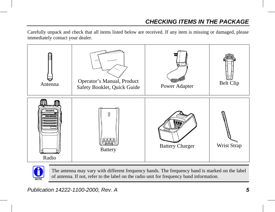 CHECKING ITEMS IN THE PACKAGE Publication 14222-1100-2000, Rev. A 5 Carefully unpack and check that all items listed below are received. If any item is missing or damaged, please immediately contact your dealer.   Antenna  Operator’s Manual, Product Safety Booklet, Quick Guide  Power Adapter  Belt Clip      Radio  Battery  Battery Charger  Wrist Strap   The antenna may vary with different frequency bands. The frequency band is marked on the label of antenna. If not, refer to the label on the radio unit for frequency band information. NOTE