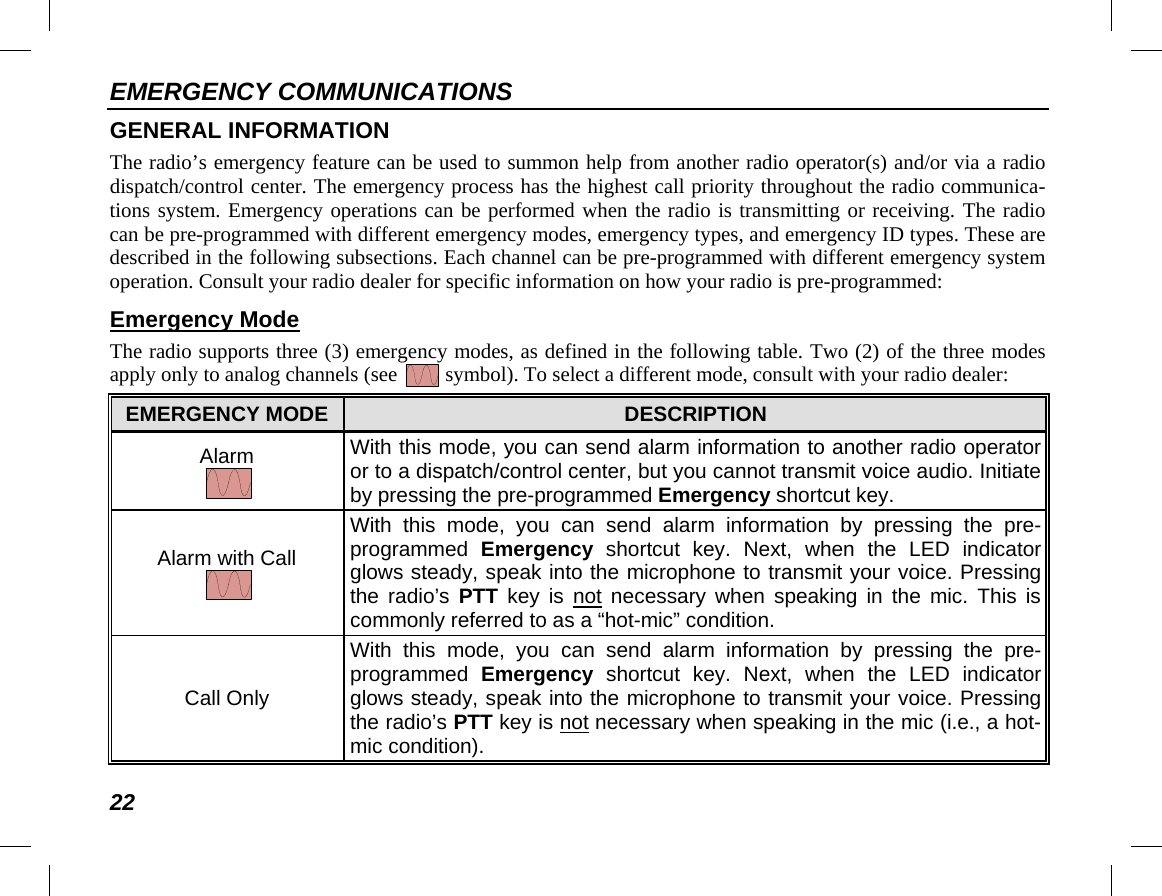EMERGENCY COMMUNICATIONS 22 GENERAL INFORMATION The radio’s emergency feature can be used to summon help from another radio operator(s) and/or via a radio dispatch/control center. The emergency process has the highest call priority throughout the radio communica-tions system. Emergency operations can be performed when the radio is transmitting or receiving. The radio can be pre-programmed with different emergency modes, emergency types, and emergency ID types. These are described in the following subsections. Each channel can be pre-programmed with different emergency system operation. Consult your radio dealer for specific information on how your radio is pre-programmed: Emergency Mode The radio supports three (3) emergency modes, as defined in the following table. Two (2) of the three modes apply only to analog channels (see   symbol). To select a different mode, consult with your radio dealer: EMERGENCY MODE DESCRIPTION Alarm  With this mode, you can send alarm information to another radio operator or to a dispatch/control center, but you cannot transmit voice audio. Initiate by pressing the pre-programmed Emergency shortcut key. Alarm with Call  With  this mode, you can send alarm information by pressing the pre-programmed  Emergency shortcut  key.  Next, when the LED indicator glows steady, speak into the microphone to transmit your voice. Pressing the radio’s PTT key is not necessary when speaking in the mic. This is commonly referred to as a “hot-mic” condition. Call Only With  this mode, you can send alarm information by pressing the pre-programmed  Emergency shortcut  key.  Next, when the LED indicator glows steady, speak into the microphone to transmit your voice. Pressing the radio’s PTT key is not necessary when speaking in the mic (i.e., a hot-mic condition). 