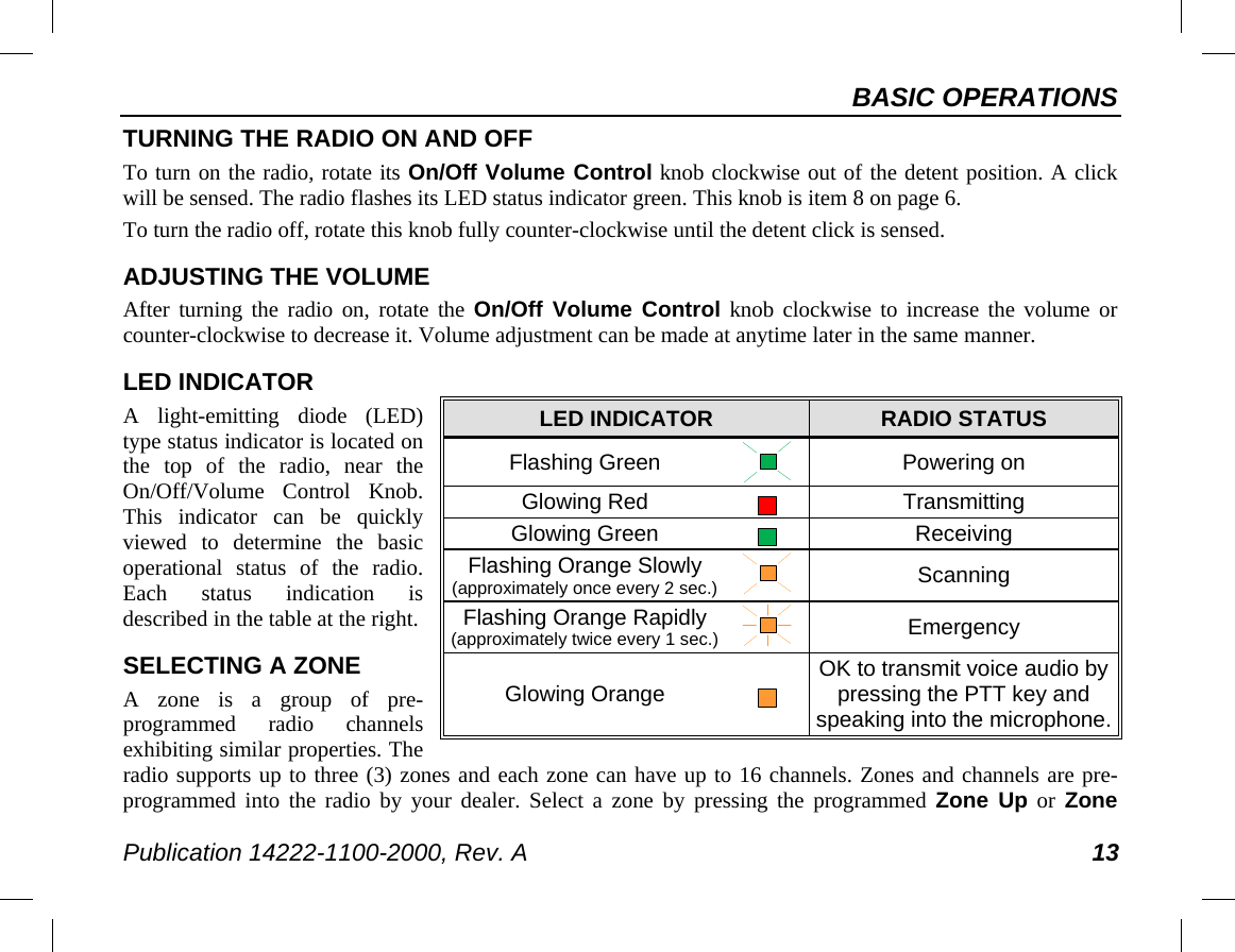 BASIC OPERATIONS Publication 14222-1100-2000, Rev. A 13 TURNING THE RADIO ON AND OFF To turn on the radio, rotate its On/Off Volume Control knob clockwise out of the detent position. A click will be sensed. The radio flashes its LED status indicator green. This knob is item 8 on page 6. To turn the radio off, rotate this knob fully counter-clockwise until the detent click is sensed. ADJUSTING THE VOLUME After turning the radio on, rotate the On/Off Volume Control knob clockwise to increase the volume or counter-clockwise to decrease it. Volume adjustment can be made at anytime later in the same manner. LED INDICATOR A light-emitting diode (LED) type status indicator is located on the top of the radio, near the On/Off/Volume Control Knob. This indicator can be quickly viewed to determine the basic operational status of the radio. Each status indication is described in the table at the right. SELECTING A ZONE A zone is a group of pre-programmed radio  channels exhibiting similar properties. The radio supports up to three (3) zones and each zone can have up to 16 channels. Zones and channels are pre-programmed into the radio by your dealer. Select a zone by pressing the programmed Zone Up or Zone LED INDICATOR RADIO STATUS Flashing Green  Powering on Glowing Red  Transmitting Glowing Green  Receiving Flashing Orange Slowly (approximately once every 2 sec.)  Scanning Flashing Orange Rapidly (approximately twice every 1 sec.)  Emergency Glowing Orange  OK to transmit voice audio by pressing the PTT key and speaking into the microphone. 