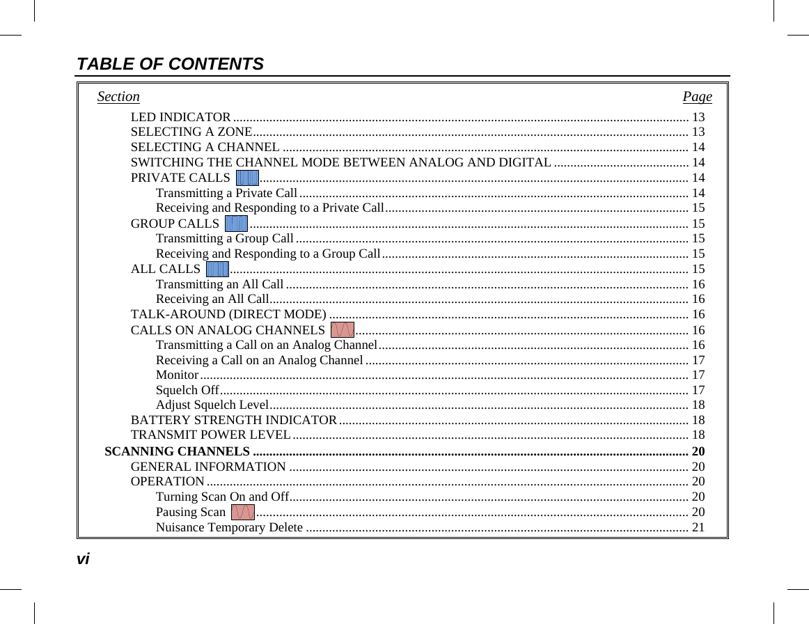 TABLE OF CONTENTS vi Section   Page LED INDICATOR .......................................................................................................................................... 13 SELECTING A ZONE .................................................................................................................................... 13 SELECTING A CHANNEL ........................................................................................................................... 14 SWITCHING THE CHANNEL MODE BETWEEN ANALOG AND DIGITAL ......................................... 14 PRIVATE CALLS   .................................................................................................................................. 14 Transmitting a Private Call ...................................................................................................................... 14 Receiving and Responding to a Private Call ............................................................................................ 15 GROUP CALLS   ..................................................................................................................................... 15 Transmitting a Group Call ....................................................................................................................... 15 Receiving and Responding to a Group Call ............................................................................................. 15 ALL CALLS   ........................................................................................................................................... 15 Transmitting an All Call .......................................................................................................................... 16 Receiving an All Call ............................................................................................................................... 16 TALK-AROUND (DIRECT MODE) ............................................................................................................. 16 CALLS ON ANALOG CHANNELS   ..................................................................................................... 16 Transmitting a Call on an Analog Channel .............................................................................................. 16 Receiving a Call on an Analog Channel .................................................................................................. 17 Monitor .................................................................................................................................................... 17 Squelch Off .............................................................................................................................................. 17 Adjust Squelch Level ............................................................................................................................... 18 BATTERY STRENGTH INDICATOR .......................................................................................................... 18 TRANSMIT POWER LEVEL ........................................................................................................................ 18 SCANNING CHANNELS .................................................................................................................................... 20 GENERAL INFORMATION ......................................................................................................................... 20 OPERATION .................................................................................................................................................. 20 Turning Scan On and Off ......................................................................................................................... 20 Pausing Scan   ................................................................................................................................... 20 Nuisance Temporary Delete .................................................................................................................... 21 