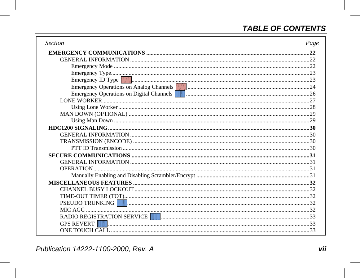 TABLE OF CONTENTS Publication 14222-1100-2000, Rev. A vii Section   Page EMERGENCY COMMUNICATIONS ............................................................................................................... 22 GENERAL INFORMATION .......................................................................................................................... 22 Emergency Mode ..................................................................................................................................... 22 Emergency Type ....................................................................................................................................... 23 Emergency ID Type  ......................................................................................................................... 23 Emergency Operations on Analog Channels   ................................................................................... 24 Emergency Operations on Digital Channels   .................................................................................... 26 LONE WORKER ............................................................................................................................................. 27 Using Lone Worker .................................................................................................................................. 28 MAN DOWN (OPTIONAL) ........................................................................................................................... 29 Using Man Down ..................................................................................................................................... 29 HDC1200 SIGNALING ......................................................................................................................................... 30 GENERAL INFORMATION .......................................................................................................................... 30 TRANSMISSION (ENCODE) ........................................................................................................................ 30 PTT ID Transmission ............................................................................................................................... 30 SECURE COMMUNICATIONS ......................................................................................................................... 31 GENERAL INFORMATION .......................................................................................................................... 31 OPERATION ................................................................................................................................................... 31 Manually Enabling and Disabling Scrambler/Encrypt ............................................................................. 31 MISCELLANEOUS FEATURES ........................................................................................................................ 32 CHANNEL BUSY LOCKOUT ....................................................................................................................... 32 TIME-OUT TIMER (TOT) .............................................................................................................................. 32 PSEUDO TRUNKING   ............................................................................................................................ 32 MIC AGC ........................................................................................................................................................ 32 RADIO REGISTRATION SERVICE   ..................................................................................................... 33 GPS REVERT   ......................................................................................................................................... 33 ONE TOUCH CALL ....................................................................................................................................... 33 