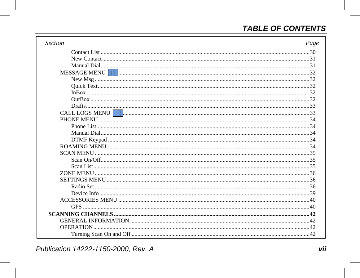 TABLE OF CONTENTS Publication 14222-1150-2000, Rev. A vii Section   Page Contact List .............................................................................................................................................. 30 New Contact ............................................................................................................................................. 31 Manual Dial .............................................................................................................................................. 31 MESSAGE MENU   .................................................................................................................................. 32 New Msg .................................................................................................................................................. 32 Quick Text ................................................................................................................................................ 32 InBox ........................................................................................................................................................ 32 OutBox ..................................................................................................................................................... 32 Drafts ........................................................................................................................................................ 33 CALL LOGS MENU   ............................................................................................................................... 33 PHONE MENU ............................................................................................................................................... 34 Phone List ................................................................................................................................................. 34 Manual Dial .............................................................................................................................................. 34 DTMF Keypad ......................................................................................................................................... 34 ROAMING MENU .......................................................................................................................................... 34 SCAN MENU .................................................................................................................................................. 35 Scan On/Off .............................................................................................................................................. 35 Scan List ................................................................................................................................................... 35 ZONE MENU .................................................................................................................................................. 36 SETTINGS MENU .......................................................................................................................................... 36 Radio Set .................................................................................................................................................. 36 Device Info ............................................................................................................................................... 39 ACCESSORIES MENU .................................................................................................................................. 40 GPS .......................................................................................................................................................... 40 SCANNING CHANNELS ..................................................................................................................................... 42 GENERAL INFORMATION .......................................................................................................................... 42 OPERATION ................................................................................................................................................... 42 Turning Scan On and Off ......................................................................................................................... 42 