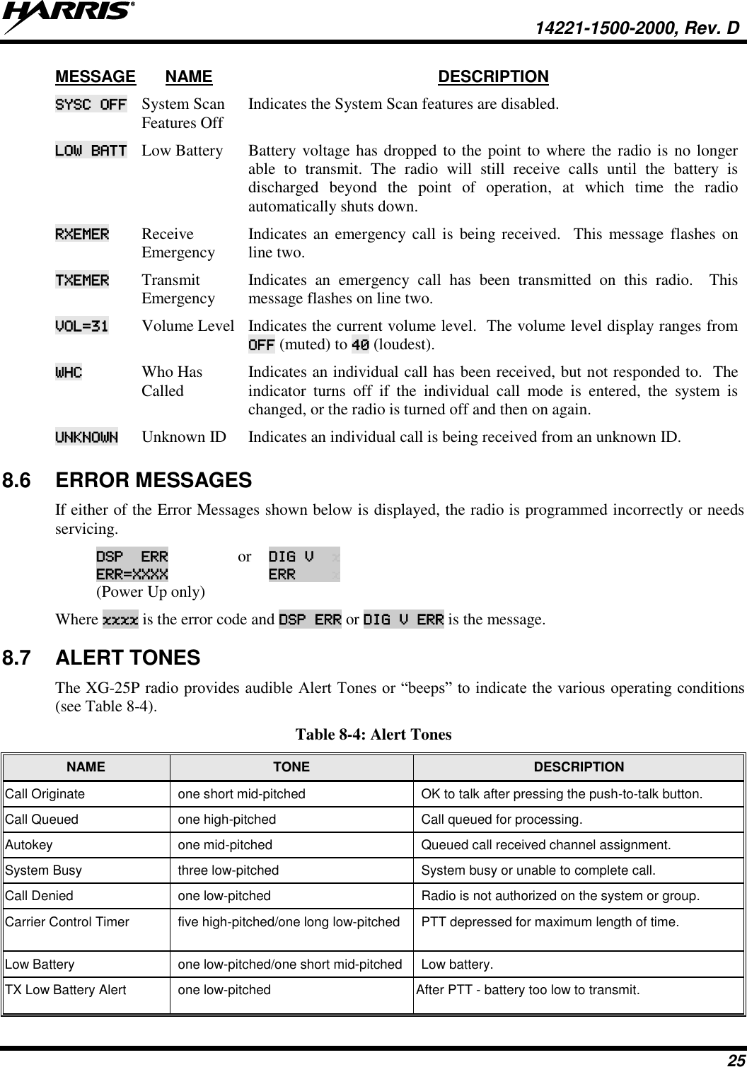   14221-1500-2000, Rev. D 25 MESSAGE NAME DESCRIPTION SYSC OFF System Scan Features Off Indicates the System Scan features are disabled.  LOW BATT Low Battery Battery voltage has dropped to the point to where the radio is no longer able  to  transmit.  The  radio  will  still  receive  calls  until  the  battery  is discharged  beyond  the  point  of  operation,  at  which  time  the  radio automatically shuts down.  RXEMER Receive Emergency Indicates an  emergency call is  being received.   This  message  flashes on line two.  TXEMER Transmit Emergency Indicates  an  emergency  call  has  been  transmitted  on  this  radio.    This message flashes on line two.  VOL=31 Volume Level Indicates the current volume level.  The volume level display ranges from OFF (muted) to 40 (loudest).  WHC Who Has Called Indicates an individual call has been received, but not responded to.  The indicator  turns  off  if  the  individual  call  mode  is  entered,  the  system  is changed, or the radio is turned off and then on again.  UNKNOWN Unknown ID Indicates an individual call is being received from an unknown ID.  8.6  ERROR MESSAGES If either of the Error Messages shown below is displayed, the radio is programmed incorrectly or needs servicing.  DSP  ERR ERR=XXXX (Power Up only)  or DIG V  x ERR    x Where xxxx is the error code and DSP ERR or DIG V ERR is the message. 8.7  ALERT TONES The XG-25P radio provides audible Alert Tones or “beeps” to indicate the various operating conditions (see Table 8-4). Table 8-4: Alert Tones NAME TONE DESCRIPTION Call Originate one short mid-pitched OK to talk after pressing the push-to-talk button. Call Queued one high-pitched Call queued for processing. Autokey one mid-pitched Queued call received channel assignment. System Busy three low-pitched System busy or unable to complete call. Call Denied one low-pitched Radio is not authorized on the system or group. Carrier Control Timer five high-pitched/one long low-pitched PTT depressed for maximum length of time. Low Battery one low-pitched/one short mid-pitched Low battery. TX Low Battery Alert one low-pitched After PTT - battery too low to transmit. 
