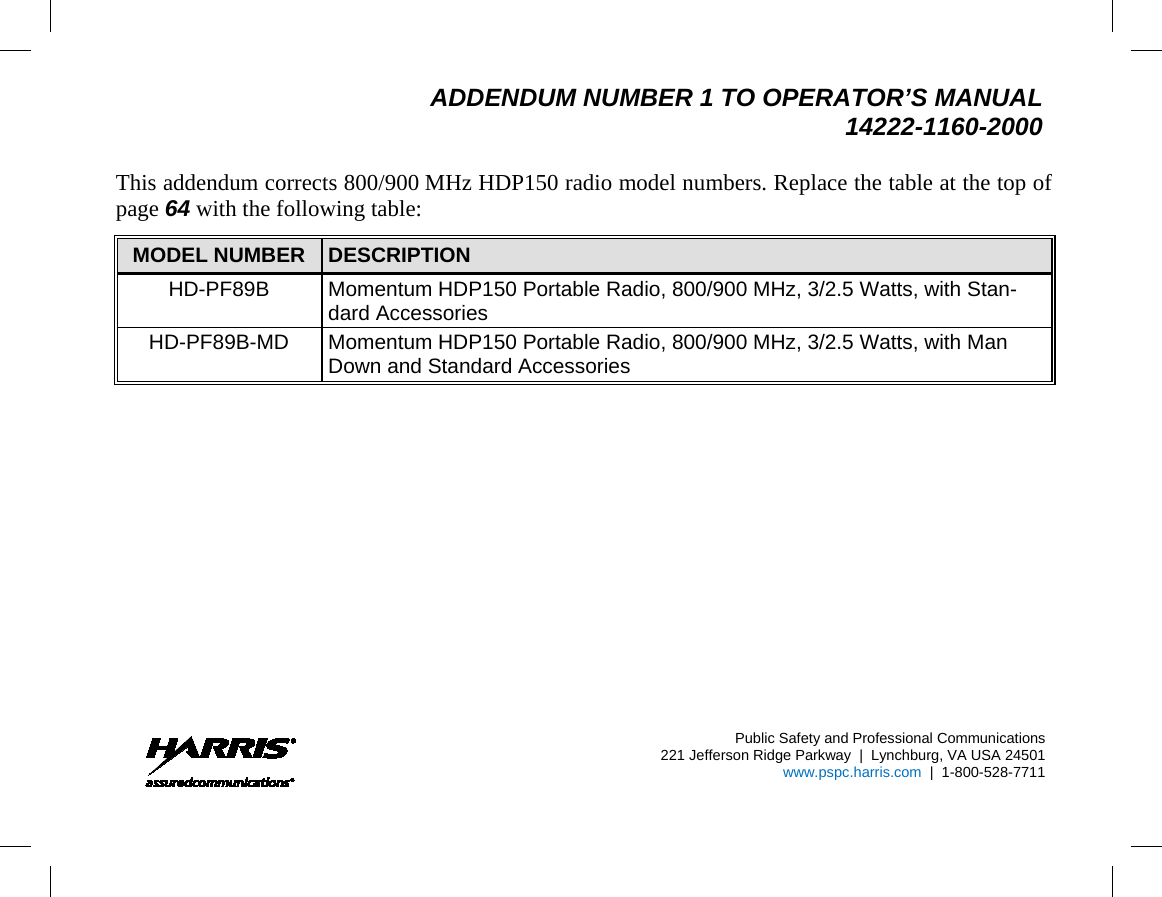  ADDENDUM NUMBER 1 TO OPERATOR’S MANUAL 14222-1160-2000  Page 1 This addendum corrects 800/900 MHz HDP150 radio model numbers. Replace the table at the top of page 64 with the following table: MODEL NUMBER DESCRIPTION HD-PF89B Momentum HDP150 Portable Radio, 800/900 MHz, 3/2.5 Watts, with Stan-dard Accessories HD-PF89B-MD Momentum HDP150 Portable Radio, 800/900 MHz, 3/2.5 Watts, with Man Down and Standard Accessories       Public Safety and Professional Communications 221 Jefferson Ridge Parkway  |  Lynchburg, VA USA 24501   www.pspc.harris.com  |  1-800-528-7711       