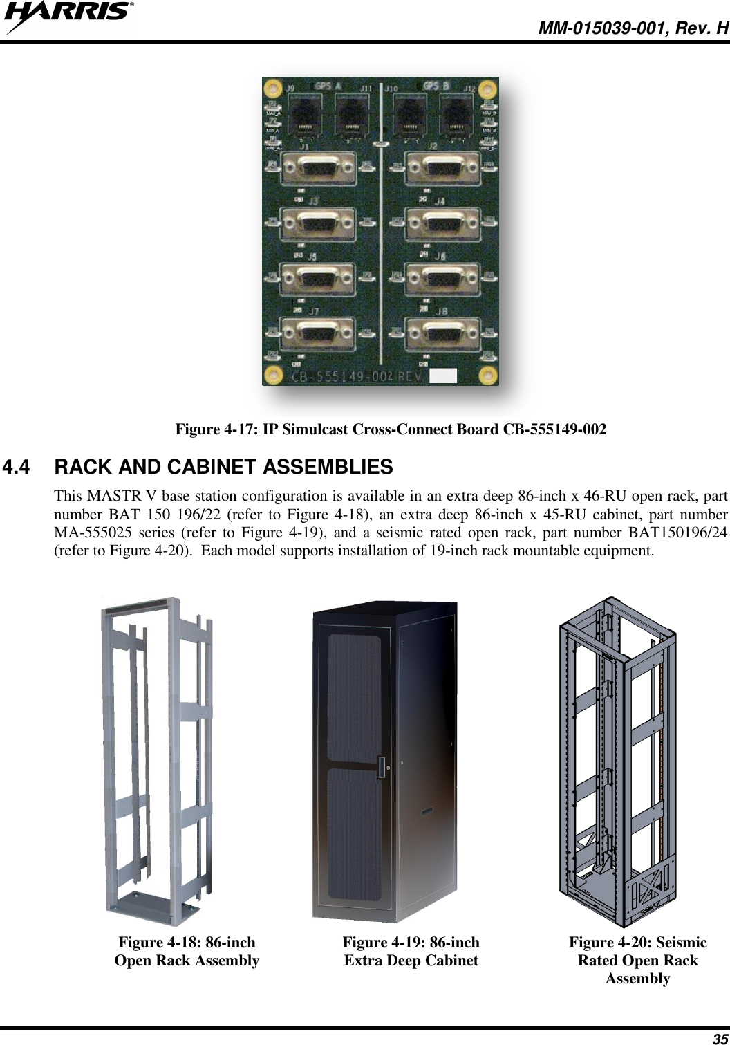  MM-015039-001, Rev. H 35  Figure 4-17: IP Simulcast Cross-Connect Board CB-555149-002 4.4  RACK AND CABINET ASSEMBLIES This MASTR V base station configuration is available in an extra deep 86-inch x 46-RU open rack, part number BAT  150  196/22 (refer to Figure 4-18), an extra deep 86-inch  x  45-RU cabinet,  part  number MA-555025 series (refer to  Figure  4-19), and  a seismic  rated open rack, part number BAT150196/24 (refer to Figure 4-20).  Each model supports installation of 19-inch rack mountable equipment.      Figure 4-18: 86-inch Open Rack Assembly Figure 4-19: 86-inch Extra Deep Cabinet Figure 4-20: Seismic Rated Open Rack Assembly 