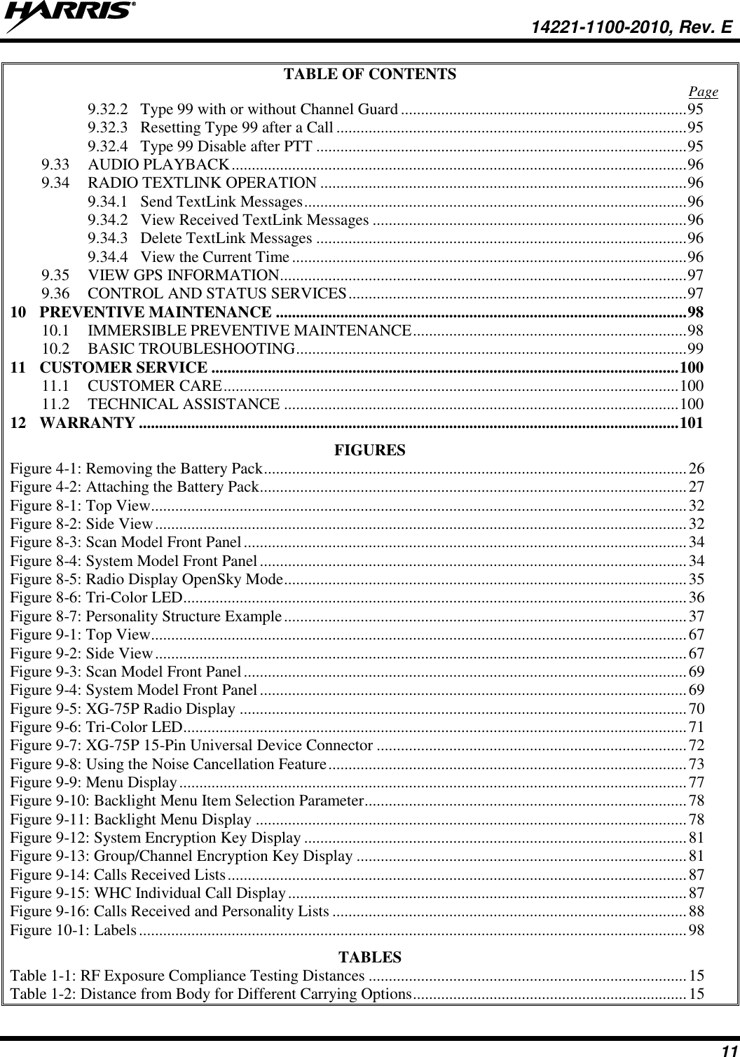   14221-1100-2010, Rev. E 11 TABLE OF CONTENTS  Page 9.32.2 Type 99 with or without Channel Guard ....................................................................... 95 9.32.3 Resetting Type 99 after a Call ....................................................................................... 95 9.32.4 Type 99 Disable after PTT ............................................................................................ 95 9.33 AUDIO PLAYBACK ................................................................................................................. 96 9.34 RADIO TEXTLINK OPERATION ........................................................................................... 96 9.34.1 Send TextLink Messages ............................................................................................... 96 9.34.2 View Received TextLink Messages .............................................................................. 96 9.34.3 Delete TextLink Messages ............................................................................................ 96 9.34.4 View the Current Time .................................................................................................. 96 9.35 VIEW GPS INFORMATION ..................................................................................................... 97 9.36 CONTROL AND STATUS SERVICES .................................................................................... 97 10 PREVENTIVE MAINTENANCE ...................................................................................................... 98 10.1 IMMERSIBLE PREVENTIVE MAINTENANCE .................................................................... 98 10.2 BASIC TROUBLESHOOTING ................................................................................................. 99 11 CUSTOMER SERVICE .................................................................................................................... 100 11.1 CUSTOMER CARE ................................................................................................................. 100 11.2 TECHNICAL ASSISTANCE .................................................................................................. 100 12 WARRANTY ...................................................................................................................................... 101 FIGURES Figure 4-1: Removing the Battery Pack ......................................................................................................... 26 Figure 4-2: Attaching the Battery Pack .......................................................................................................... 27 Figure 8-1: Top View ..................................................................................................................................... 32 Figure 8-2: Side View .................................................................................................................................... 32 Figure 8-3: Scan Model Front Panel .............................................................................................................. 34 Figure 8-4: System Model Front Panel .......................................................................................................... 34 Figure 8-5: Radio Display OpenSky Mode .................................................................................................... 35 Figure 8-6: Tri-Color LED ............................................................................................................................. 36 Figure 8-7: Personality Structure Example .................................................................................................... 37 Figure 9-1: Top View ..................................................................................................................................... 67 Figure 9-2: Side View .................................................................................................................................... 67 Figure 9-3: Scan Model Front Panel .............................................................................................................. 69 Figure 9-4: System Model Front Panel .......................................................................................................... 69 Figure 9-5: XG-75P Radio Display ............................................................................................................... 70 Figure 9-6: Tri-Color LED ............................................................................................................................. 71 Figure 9-7: XG-75P 15-Pin Universal Device Connector ............................................................................. 72 Figure 9-8: Using the Noise Cancellation Feature ......................................................................................... 73 Figure 9-9: Menu Display .............................................................................................................................. 77 Figure 9-10: Backlight Menu Item Selection Parameter ................................................................................ 78 Figure 9-11: Backlight Menu Display ........................................................................................................... 78 Figure 9-12: System Encryption Key Display ............................................................................................... 81 Figure 9-13: Group/Channel Encryption Key Display .................................................................................. 81 Figure 9-14: Calls Received Lists .................................................................................................................. 87 Figure 9-15: WHC Individual Call Display ................................................................................................... 87 Figure 9-16: Calls Received and Personality Lists ........................................................................................ 88 Figure 10-1: Labels ........................................................................................................................................ 98 TABLES Table 1-1: RF Exposure Compliance Testing Distances ............................................................................... 15 Table 1-2: Distance from Body for Different Carrying Options .................................................................... 15 