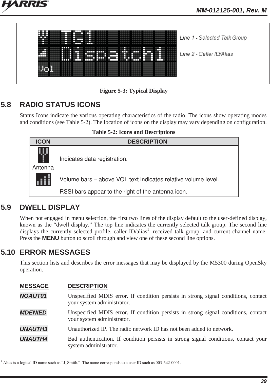  MM-012125-001, Rev. M 39    Figure 5-3: Typical Display 5.8  RADIO STATUS ICONS Status Icons indicate the various operating characteristics of the radio. The icons show operating modes and conditions (see Table 5-2). The location of icons on the display may vary depending on configuration. Table 5-2: Icons and Descriptions ICON DESCRIPTION  Antenna Indicates data registration.  Volume bars – above VOL text indicates relative volume level.  RSSI bars appear to the right of the antenna icon. 5.9 DWELL DISPLAY When not engaged in menu selection, the first two lines of the display default to the user-defined display, known as the “dwell display.” The top line indicates the currently selected talk group. The second line displays the currently selected profile, caller ID/alias1, received talk group, and current channel name. Press the MENU button to scroll through and view one of these second line options.  5.10 ERROR MESSAGES This section lists and describes the error messages that may be displayed by the M5300 during OpenSky operation.  MESSAGE DESCRIPTION NOAUT01 Unspecified MDIS error. If condition persists in strong signal conditions, contact your system administrator. MDENIED  Unspecified MDIS error. If condition persists in strong signal conditions, contact your system administrator. UNAUTH3 Unauthorized IP. The radio network ID has not been added to network. UNAUTH4 Bad authentication. If condition persists in strong signal conditions, contact your system administrator.                                                            1 Alias is a logical ID name such as “J_Smith.”  The name corresponds to a user ID such as 003-542-0001. 
