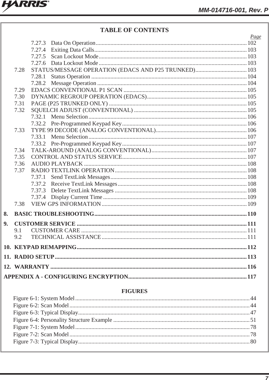  MM-014716-001, Rev. P 7 TABLE OF CONTENTS Page 7.27.3 Data On Operation ....................................................................................................... 102 7.27.4 Exiting Data Calls ........................................................................................................ 103 7.27.5 Scan Lockout Mode ..................................................................................................... 103 7.27.6 Data Lockout Mode ..................................................................................................... 103 7.28 STATUS/MESSAGE OPERATION (EDACS AND P25 TRUNKED) ................................... 103 7.28.1 Status Operation .......................................................................................................... 104 7.28.2 Message Operation ...................................................................................................... 104 7.29 EDACS CONVENTIONAL P1 SCAN .................................................................................... 105 7.30 DYNAMIC REGROUP OPERATION (EDACS) ....................................................................  105 7.31 PAGE (P25 TRUNKED ONLY) .............................................................................................. 105 7.32 SQUELCH ADJUST (CONVENTIONAL) ............................................................................. 105 7.32.1 Menu  Selection ............................................................................................................ 106 7.32.2 Pre-Programmed Keypad Key ..................................................................................... 106 7.33 TYPE 99 DECODE (ANALOG CONVENTIONAL)  .............................................................. 106 7.33.1 Menu  Selection ............................................................................................................ 107 7.33.2 Pre-Programmed Keypad Key ..................................................................................... 107 7.34 TALK-AROUND (ANALOG CONVENTIONAL) .................................................................  107 7.35 CONTROL AND STATUS SERVICE ..................................................................................... 107 7.36 AUDIO PLAYBACK ............................................................................................................... 108 7.37 RADIO TEXTLINK OPERATION .......................................................................................... 108 7.37.1 Send TextLink Messages ............................................................................................. 108 7.37.2 Receive TextLink Messages ........................................................................................ 108 7.37.3 Delete TextLink Messages .......................................................................................... 108 7.37.4 Display Current Time .................................................................................................. 109 7.38 VIEW GPS INFORMATION ................................................................................................... 109 8. BASIC TROUBLESHOOTING ........................................................................................................ 110 9. CUSTOMER SERVICE .................................................................................................................... 111 9.1 CUSTOMER CARE ................................................................................................................. 111 9.2 TECHNICAL  ASSISTANCE ................................................................................................... 111 10. KEYPAD REMAPPING .................................................................................................................... 112 11. RADIO SETUP ................................................................................................................................... 113 12. WARRANTY ...................................................................................................................................... 116 APPENDIX A - CONFIGURING ENCRYPTION ................................................................................. 117  FIGURES Figure 6-1: System Model ....................................................................................................................... 44 Figure 6-2: Scan Model ........................................................................................................................... 44 Figure 6-3: Typical Display ..................................................................................................................... 47 Figure 6-4: Personality Structure Example ............................................................................................. 51 Figure 7-1: System Model ....................................................................................................................... 78 Figure 7-2: Scan Model ........................................................................................................................... 78 Figure 7-3: Typical Display ..................................................................................................................... 80   