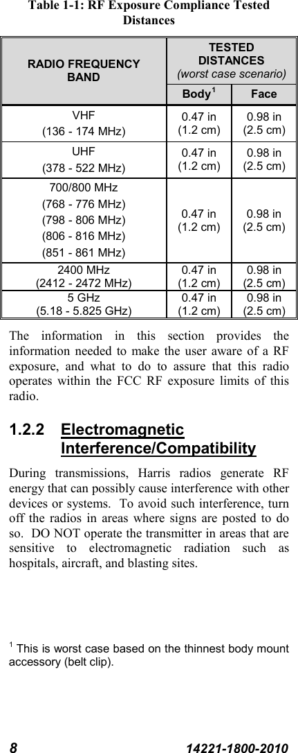 8  14221-1800-2010 Table 1-1: RF Exposure Compliance Tested Distances RADIO FREQUENCY BAND TESTED DISTANCES (worst case scenario) Body1 Face VHF (136 - 174 MHz) 0.47 in (1.2 cm) 0.98 in (2.5 cm) UHF (378 - 522 MHz) 0.47 in (1.2 cm) 0.98 in (2.5 cm) 700/800 MHz (768 - 776 MHz) (798 - 806 MHz) (806 - 816 MHz) (851 - 861 MHz) 0.47 in (1.2 cm) 0.98 in (2.5 cm) 2400 MHz (2412 - 2472 MHz) 0.47 in (1.2 cm) 0.98 in (2.5 cm) 5 GHz (5.18 - 5.825 GHz) 0.47 in (1.2 cm) 0.98 in (2.5 cm) The information in this section provides the information needed to make the user aware of a RF exposure, and what to do to assure that this radio operates within the FCC RF exposure limits of this radio. 1.2.2 Electromagnetic Interference/Compatibility During transmissions, Harris radios generate RF energy that can possibly cause interference with other devices or systems.  To avoid such interference, turn off the radios in areas where signs are posted to do so.  DO NOT operate the transmitter in areas that are sensitive to electromagnetic radiation such as hospitals, aircraft, and blasting sites.  1 This is worst case based on the thinnest body mount accessory (belt clip). 