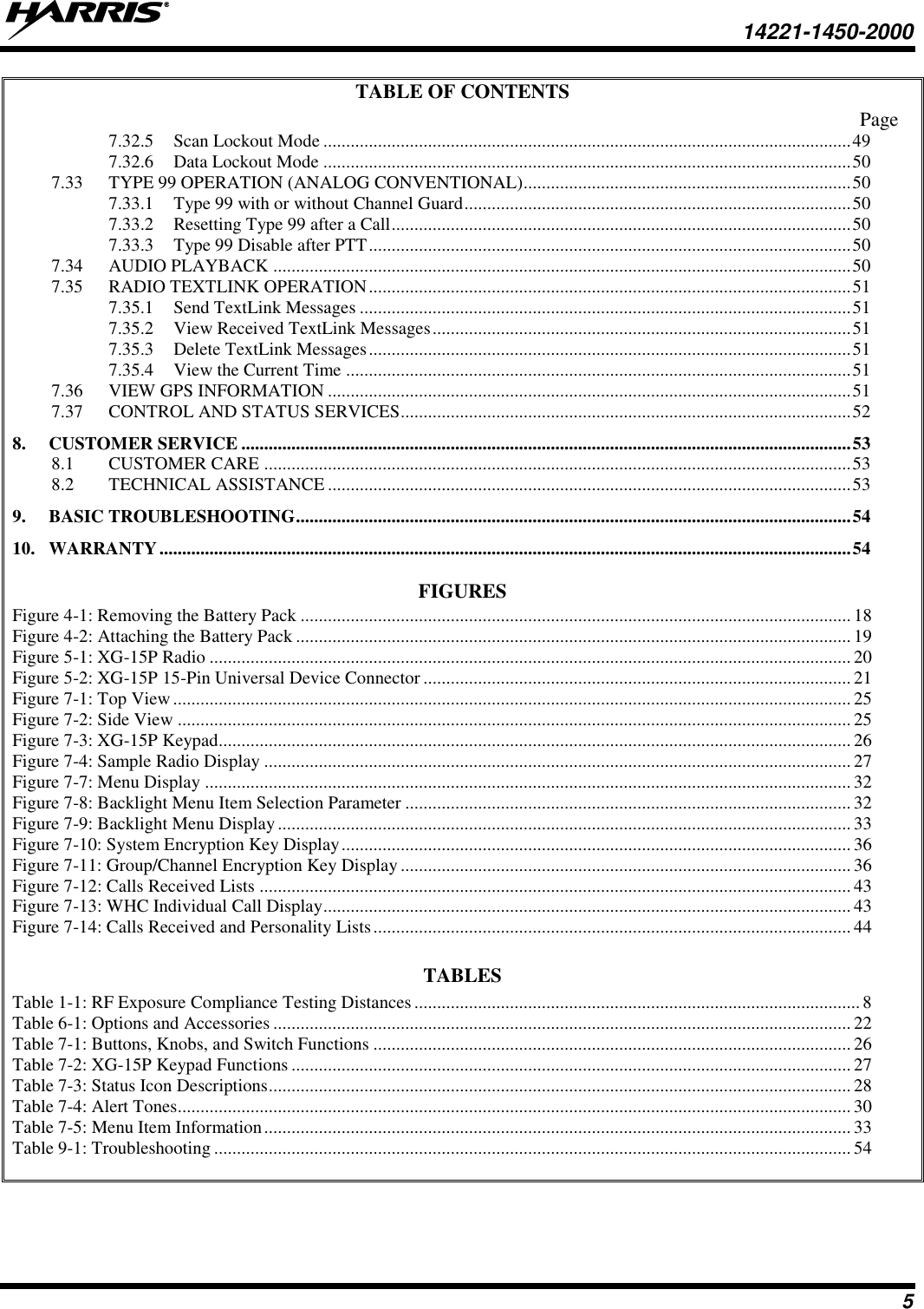   14221-1450-2000  5 TABLE OF CONTENTS Page 7.32.5 Scan Lockout Mode .................................................................................................................... 49 7.32.6 Data Lockout Mode .................................................................................................................... 50 7.33 TYPE 99 OPERATION (ANALOG CONVENTIONAL) ........................................................................ 50 7.33.1 Type 99 with or without Channel Guard ..................................................................................... 50 7.33.2 Resetting Type 99 after a Call ..................................................................................................... 50 7.33.3 Type 99 Disable after PTT .......................................................................................................... 50 7.34 AUDIO PLAYBACK ............................................................................................................................... 50 7.35 RADIO TEXTLINK OPERATION .......................................................................................................... 51 7.35.1 Send TextLink Messages ............................................................................................................ 51 7.35.2 View Received TextLink Messages ............................................................................................ 51 7.35.3 Delete TextLink Messages .......................................................................................................... 51 7.35.4 View the Current Time ............................................................................................................... 51 7.36 VIEW GPS INFORMATION ................................................................................................................... 51 7.37 CONTROL AND STATUS SERVICES ................................................................................................... 52 8. CUSTOMER SERVICE ...................................................................................................................................... 53 8.1 CUSTOMER CARE ................................................................................................................................. 53 8.2 TECHNICAL ASSISTANCE ................................................................................................................... 53 9. BASIC TROUBLESHOOTING .......................................................................................................................... 54 10. WARRANTY ........................................................................................................................................................ 54  FIGURES Figure 4-1: Removing the Battery Pack ......................................................................................................................... 18 Figure 4-2: Attaching the Battery Pack .......................................................................................................................... 19 Figure 5-1: XG-15P Radio ............................................................................................................................................. 20 Figure 5-2: XG-15P 15-Pin Universal Device Connector .............................................................................................. 21 Figure 7-1: Top View ..................................................................................................................................................... 25 Figure 7-2: Side View .................................................................................................................................................... 25 Figure 7-3: XG-15P Keypad........................................................................................................................................... 26 Figure 7-4: Sample Radio Display ................................................................................................................................. 27 Figure 7-7: Menu Display .............................................................................................................................................. 32 Figure 7-8: Backlight Menu Item Selection Parameter .................................................................................................. 32 Figure 7-9: Backlight Menu Display .............................................................................................................................. 33 Figure 7-10: System Encryption Key Display ................................................................................................................ 36 Figure 7-11: Group/Channel Encryption Key Display ................................................................................................... 36 Figure 7-12: Calls Received Lists .................................................................................................................................. 43 Figure 7-13: WHC Individual Call Display .................................................................................................................... 43 Figure 7-14: Calls Received and Personality Lists ......................................................................................................... 44  TABLES Table 1-1: RF Exposure Compliance Testing Distances .................................................................................................. 8 Table 6-1: Options and Accessories ............................................................................................................................... 22 Table 7-1: Buttons, Knobs, and Switch Functions ......................................................................................................... 26 Table 7-2: XG-15P Keypad Functions ........................................................................................................................... 27 Table 7-3: Status Icon Descriptions ................................................................................................................................ 28 Table 7-4: Alert Tones .................................................................................................................................................... 30 Table 7-5: Menu Item Information ................................................................................................................................. 33 Table 9-1: Troubleshooting ............................................................................................................................................ 54   