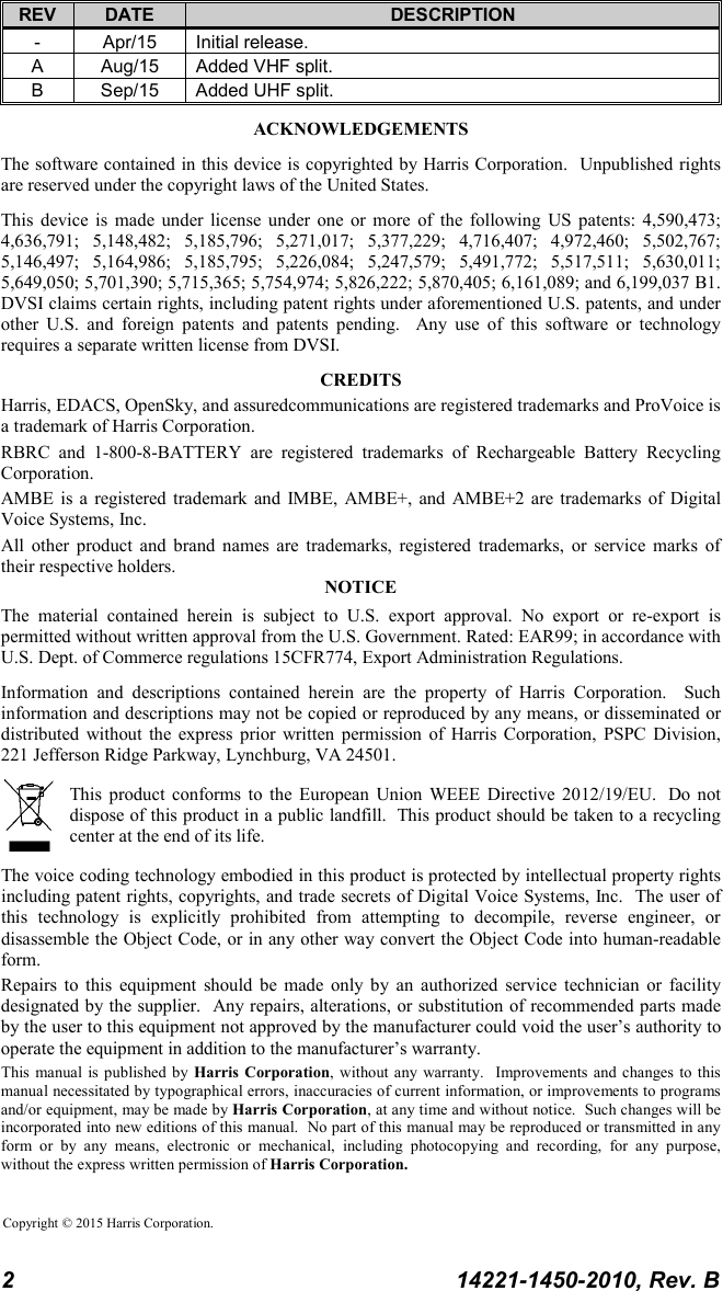  2  14221-1450-2010, Rev. B REV DATE DESCRIPTION - Apr/15 Initial release. A Aug/15 Added VHF split. B  Sep/15 Added UHF split. ACKNOWLEDGEMENTS The software contained in this device is copyrighted by Harris Corporation.  Unpublished rights are reserved under the copyright laws of the United States. This device is made under license under one or more of the following US patents: 4,590,473; 4,636,791; 5,148,482; 5,185,796; 5,271,017; 5,377,229; 4,716,407; 4,972,460; 5,502,767; 5,146,497; 5,164,986; 5,185,795; 5,226,084; 5,247,579; 5,491,772; 5,517,511; 5,630,011; 5,649,050; 5,701,390; 5,715,365; 5,754,974; 5,826,222; 5,870,405; 6,161,089; and 6,199,037 B1.  DVSI claims certain rights, including patent rights under aforementioned U.S. patents, and under other U.S. and foreign patents and patents pending.  Any use of this software or technology requires a separate written license from DVSI. CREDITS Harris, EDACS, OpenSky, and assuredcommunications are registered trademarks and ProVoice is a trademark of Harris Corporation.  RBRC and 1-800-8-BATTERY are registered trademarks of Rechargeable Battery Recycling Corporation. AMBE is a registered trademark and IMBE, AMBE+, and AMBE+2 are trademarks of Digital Voice Systems, Inc. All other product and brand names are trademarks, registered trademarks, or service marks of their respective holders. NOTICE The material contained herein is subject to U.S. export approval. No export or re-export is permitted without written approval from the U.S. Government. Rated: EAR99; in accordance with U.S. Dept. of Commerce regulations 15CFR774, Export Administration Regulations. Information and descriptions contained herein are the property of Harris Corporation.  Such information and descriptions may not be copied or reproduced by any means, or disseminated or distributed without the express prior written permission of Harris Corporation, PSPC Division, 221 Jefferson Ridge Parkway, Lynchburg, VA 24501.   This product conforms to the European Union WEEE Directive 2012/19/EU.   Do not dispose of this product in a public landfill.  This product should be taken to a recycling center at the end of its life. The voice coding technology embodied in this product is protected by intellectual property rights including patent rights, copyrights, and trade secrets of Digital Voice Systems, Inc.  The user of this technology is explicitly prohibited from attempting to decompile, reverse engineer, or disassemble the Object Code, or in any other way convert the Object Code into human-readable form. Repairs to this equipment should be made only by an authorized service technician or facility designated by the supplier.  Any repairs, alterations, or substitution of recommended parts made by the user to this equipment not approved by the manufacturer could void the user’s authority to operate the equipment in addition to the manufacturer’s warranty. This manual is published by Harris Corporation, without any warranty.  Improvements and changes to this manual necessitated by typographical errors, inaccuracies of current information, or improvements to programs and/or equipment, may be made by Harris Corporation, at any time and without notice.  Such changes will be incorporated into new editions of this manual.  No part of this manual may be reproduced or transmitted in any form or by any means, electronic or mechanical, including photocopying and recording, for any purpose, without the express written permission of Harris Corporation.  Copyright © 2015 Harris Corporation.   