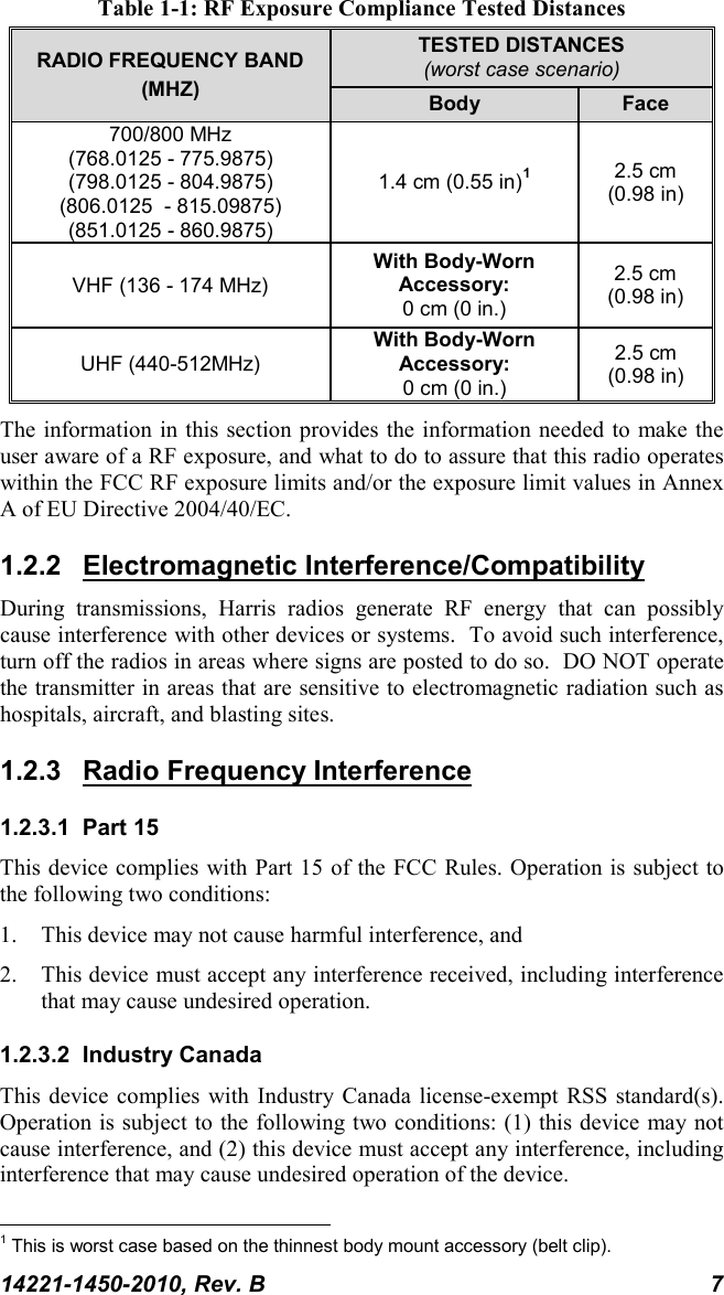 14221-1450-2010, Rev. B 7 Table 1-1: RF Exposure Compliance Tested Distances RADIO FREQUENCY BAND (MHZ) TESTED DISTANCES (worst case scenario) Body Face 700/800 MHz (768.0125 - 775.9875) (798.0125 - 804.9875) (806.0125  - 815.09875) (851.0125 - 860.9875) 1.4 cm (0.55 in)12.5 cm (0.98 in)  VHF (136 - 174 MHz) With Body-Worn Accessory: 0 cm (0 in.) 2.5 cm (0.98 in) UHF (440-512MHz) With Body-Worn Accessory: 0 cm (0 in.) 2.5 cm (0.98 in) The information in this section provides the information needed to make the user aware of a RF exposure, and what to do to assure that this radio operates within the FCC RF exposure limits and/or the exposure limit values in Annex A of EU Directive 2004/40/EC. 1.2.2 Electromagnetic Interference/Compatibility During transmissions, Harris radios generate RF energy that can possibly cause interference with other devices or systems.  To avoid such interference, turn off the radios in areas where signs are posted to do so.  DO NOT operate the transmitter in areas that are sensitive to electromagnetic radiation such as hospitals, aircraft, and blasting sites. 1.2.3 Radio Frequency Interference 1.2.3.1 Part 15 This device complies with Part 15 of the FCC Rules. Operation is subject to the following two conditions:  1. This device may not cause harmful interference, and  2. This device must accept any interference received, including interference that may cause undesired operation. 1.2.3.2 Industry Canada This device complies with Industry Canada license-exempt RSS standard(s). Operation is subject to the following two conditions: (1) this device may not cause interference, and (2) this device must accept any interference, including interference that may cause undesired operation of the device.                                                            1 This is worst case based on the thinnest body mount accessory (belt clip). 
