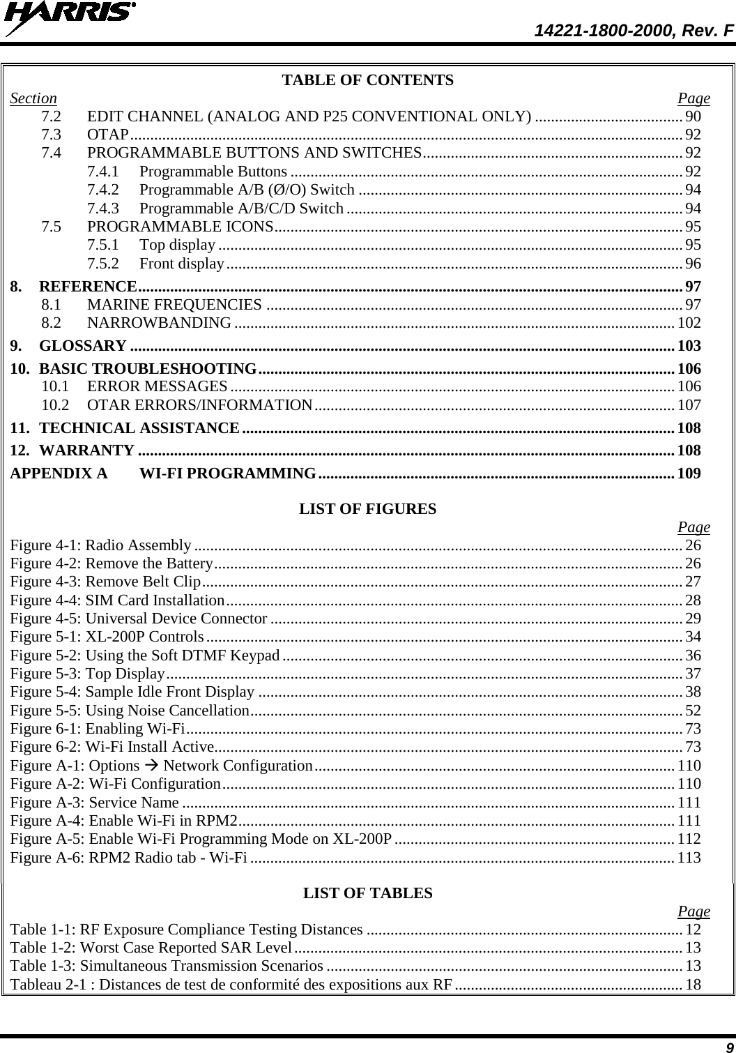  14221-1800-2000, Rev. F 9 TABLE OF CONTENTS Section  Page 7.2 EDIT CHANNEL (ANALOG AND P25 CONVENTIONAL ONLY) ..................................... 90 7.3 OTAP .......................................................................................................................................... 92 7.4 PROGRAMMABLE BUTTONS AND SWITCHES ................................................................. 92 7.4.1 Programmable Buttons .................................................................................................. 92 7.4.2 Programmable A/B (Ø/O) Switch ................................................................................. 94 7.4.3 Programmable A/B/C/D Switch .................................................................................... 94 7.5 PROGRAMMABLE ICONS ...................................................................................................... 95 7.5.1 Top display .................................................................................................................... 95 7.5.2 Front display .................................................................................................................. 96 8. REFERENCE ........................................................................................................................................ 97 8.1 MARINE FREQUENCIES ........................................................................................................ 97 8.2 NARROWBANDING .............................................................................................................. 102 9. GLOSSARY ........................................................................................................................................ 103 10. BASIC TROUBLESHOOTING ........................................................................................................ 106 10.1 ERROR MESSAGES ............................................................................................................... 106 10.2 OTAR ERRORS/INFORMATION .......................................................................................... 107 11. TECHNICAL ASSISTANCE ............................................................................................................ 108 12. WARRANTY ...................................................................................................................................... 108 APPENDIX A WI-FI PROGRAMMING ......................................................................................... 109  LIST OF FIGURES   Page Figure 4-1: Radio Assembly .......................................................................................................................... 26 Figure 4-2: Remove the Battery ..................................................................................................................... 26 Figure 4-3: Remove Belt Clip ........................................................................................................................ 27 Figure 4-4: SIM Card Installation .................................................................................................................. 28 Figure 4-5: Universal Device Connector ....................................................................................................... 29 Figure 5-1: XL-200P Controls ....................................................................................................................... 34 Figure 5-2: Using the Soft DTMF Keypad .................................................................................................... 36 Figure 5-3: Top Display ................................................................................................................................. 37 Figure 5-4: Sample Idle Front Display .......................................................................................................... 38 Figure 5-5: Using Noise Cancellation ............................................................................................................ 52 Figure 6-1: Enabling Wi-Fi ............................................................................................................................ 73 Figure 6-2: Wi-Fi Install Active ..................................................................................................................... 73 Figure A-1: Options  Network Configuration .......................................................................................... 110 Figure A-2: Wi-Fi Configuration ................................................................................................................. 110 Figure A-3: Service Name ........................................................................................................................... 111 Figure A-4: Enable Wi-Fi in RPM2 ............................................................................................................. 111 Figure A-5: Enable Wi-Fi Programming Mode on XL-200P ...................................................................... 112 Figure A-6: RPM2 Radio tab - Wi-Fi .......................................................................................................... 113  LIST OF TABLES   Page Table 1-1: RF Exposure Compliance Testing Distances ............................................................................... 12 Table 1-2: Worst Case Reported SAR Level ................................................................................................. 13 Table 1-3: Simultaneous Transmission Scenarios ......................................................................................... 13 Tableau 2-1 : Distances de test de conformité des expositions aux RF ......................................................... 18 