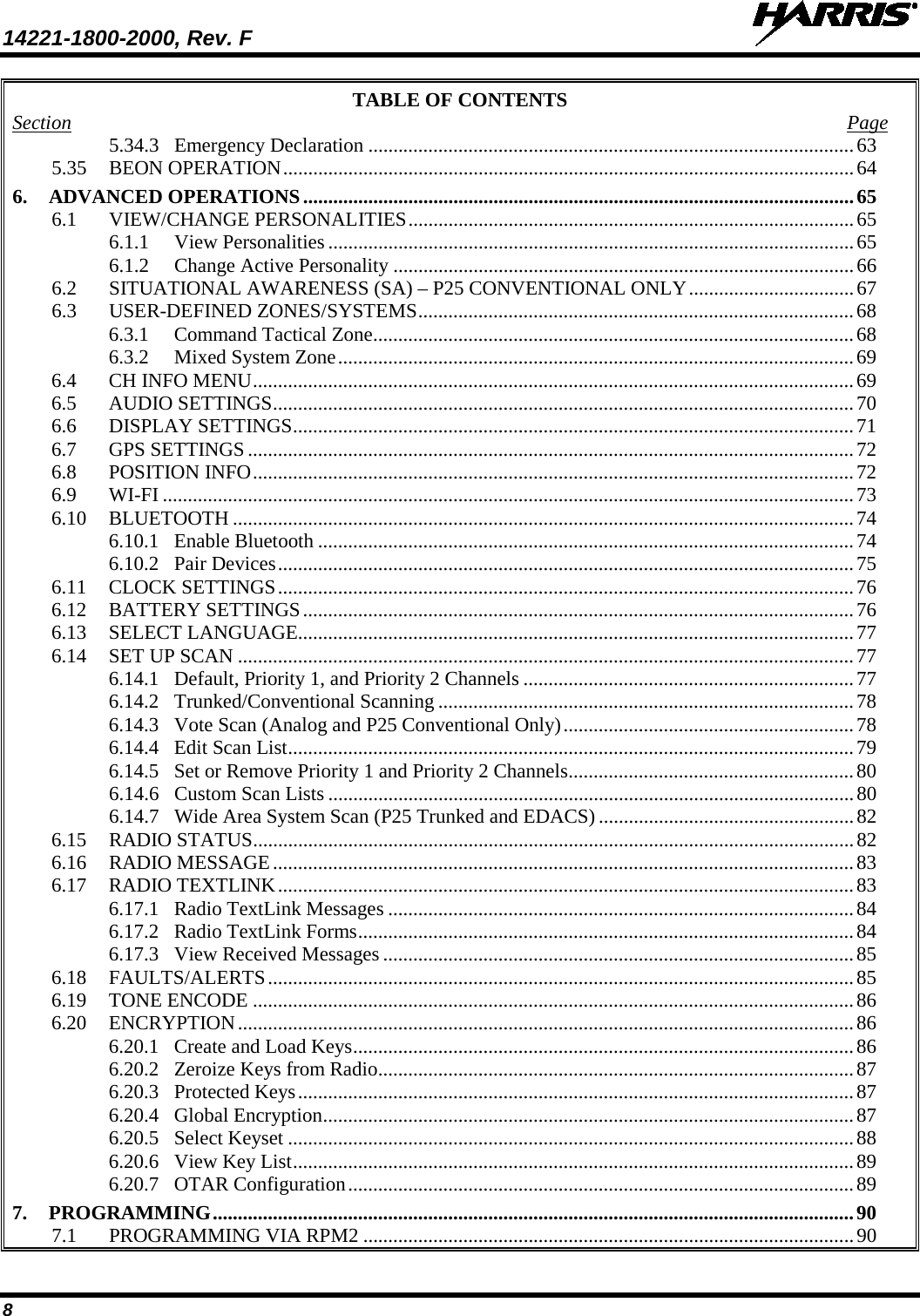 14221-1800-2000, Rev. F   8 TABLE OF CONTENTS Section  Page 5.34.3 Emergency Declaration ................................................................................................. 63 5.35 BEON OPERATION .................................................................................................................. 64 6. ADVANCED OPERATIONS .............................................................................................................. 65 6.1 VIEW/CHANGE PERSONALITIES ......................................................................................... 65 6.1.1 View Personalities ......................................................................................................... 65 6.1.2 Change Active Personality ............................................................................................ 66 6.2 SITUATIONAL AWARENESS (SA) – P25 CONVENTIONAL ONLY ................................. 67 6.3 USER-DEFINED ZONES/SYSTEMS ....................................................................................... 68 6.3.1 Command Tactical Zone ................................................................................................ 68 6.3.2 Mixed System Zone ....................................................................................................... 69 6.4 CH INFO MENU ........................................................................................................................ 69 6.5 AUDIO SETTINGS .................................................................................................................... 70 6.6 DISPLAY SETTINGS ................................................................................................................ 71 6.7 GPS SETTINGS ......................................................................................................................... 72 6.8 POSITION INFO ........................................................................................................................ 72 6.9 WI-FI .......................................................................................................................................... 73 6.10 BLUETOOTH ............................................................................................................................ 74 6.10.1 Enable Bluetooth ........................................................................................................... 74 6.10.2 Pair Devices ................................................................................................................... 75 6.11 CLOCK SETTINGS ................................................................................................................... 76 6.12 BATTERY SETTINGS .............................................................................................................. 76 6.13 SELECT LANGUAGE............................................................................................................... 77 6.14 SET UP SCAN ........................................................................................................................... 77 6.14.1 Default, Priority 1, and Priority 2 Channels .................................................................. 77 6.14.2 Trunked/Conventional Scanning ................................................................................... 78 6.14.3 Vote Scan (Analog and P25 Conventional Only) .......................................................... 78 6.14.4 Edit Scan List ................................................................................................................. 79 6.14.5 Set or Remove Priority 1 and Priority 2 Channels ......................................................... 80 6.14.6 Custom Scan Lists ......................................................................................................... 80 6.14.7 Wide Area System Scan (P25 Trunked and EDACS) ................................................... 82 6.15 RADIO STATUS ........................................................................................................................ 82 6.16 RADIO MESSAGE .................................................................................................................... 83 6.17 RADIO TEXTLINK ................................................................................................................... 83 6.17.1 Radio TextLink Messages ............................................................................................. 84 6.17.2 Radio TextLink Forms ................................................................................................... 84 6.17.3 View Received Messages .............................................................................................. 85 6.18 FAULTS/ALERTS ..................................................................................................................... 85 6.19 TONE ENCODE ........................................................................................................................ 86 6.20 ENCRYPTION ........................................................................................................................... 86 6.20.1 Create and Load Keys .................................................................................................... 86 6.20.2 Zeroize Keys from Radio ............................................................................................... 87 6.20.3 Protected Keys ............................................................................................................... 87 6.20.4 Global Encryption .......................................................................................................... 87 6.20.5 Select Keyset ................................................................................................................. 88 6.20.6 View Key List ................................................................................................................ 89 6.20.7 OTAR Configuration ..................................................................................................... 89 7. PROGRAMMING ................................................................................................................................ 90 7.1 PROGRAMMING VIA RPM2 .................................................................................................. 90 