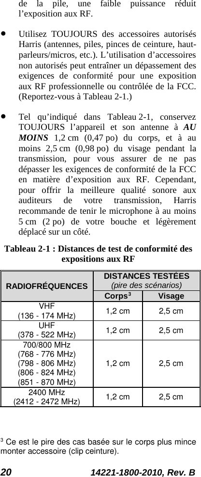 20 14221-1800-2010, Rev. B de la pile, une faible puissance réduit l’exposition aux RF. • Utilisez TOUJOURS des accessoires autorisés Harris (antennes, piles, pinces de ceinture, haut-parleurs/micros, etc.). L’utilisation d’accessoires non autorisés peut entraîner un dépassement des exigences de conformité pour une exposition aux RF professionnelle ou contrôlée de la FCC. (Reportez-vous à Tableau 2-1.) • Tel qu’indiqué dans Tableau 2-1, conservez TOUJOURS l’appareil et son antenne à AU MOINS 1,2 cm (0,47 po) du corps, et à au moins 2,5 cm (0,98 po) du visage pendant la transmission, pour vous assurer de ne pas dépasser les exigences de conformité de la FCC en matière d’exposition aux RF. Cependant, pour offrir la meilleure qualité sonore aux auditeurs de votre transmission, Harris recommande de tenir le microphone à au moins 5 cm (2 po) de votre bouche et légèrement déplacé sur un côté. Tableau 2-1 : Distances de test de conformité des expositions aux RF RADIOFRÉQUENCES DISTANCES TESTÉES (pire des scénarios) Corps3 Visage VHF (136 - 174 MHz) 1,2 cm 2,5 cm UHF (378 - 522 MHz) 1,2 cm 2,5 cm 700/800 MHz (768 - 776 MHz) (798 - 806 MHz) (806 - 824 MHz) (851 - 870 MHz) 1,2 cm 2,5 cm 2400 MHz (2412 - 2472 MHz) 1,2 cm 2,5 cm  3 Ce est le pire des cas basée sur le corps plus mince monter accessoire (clip ceinture). 