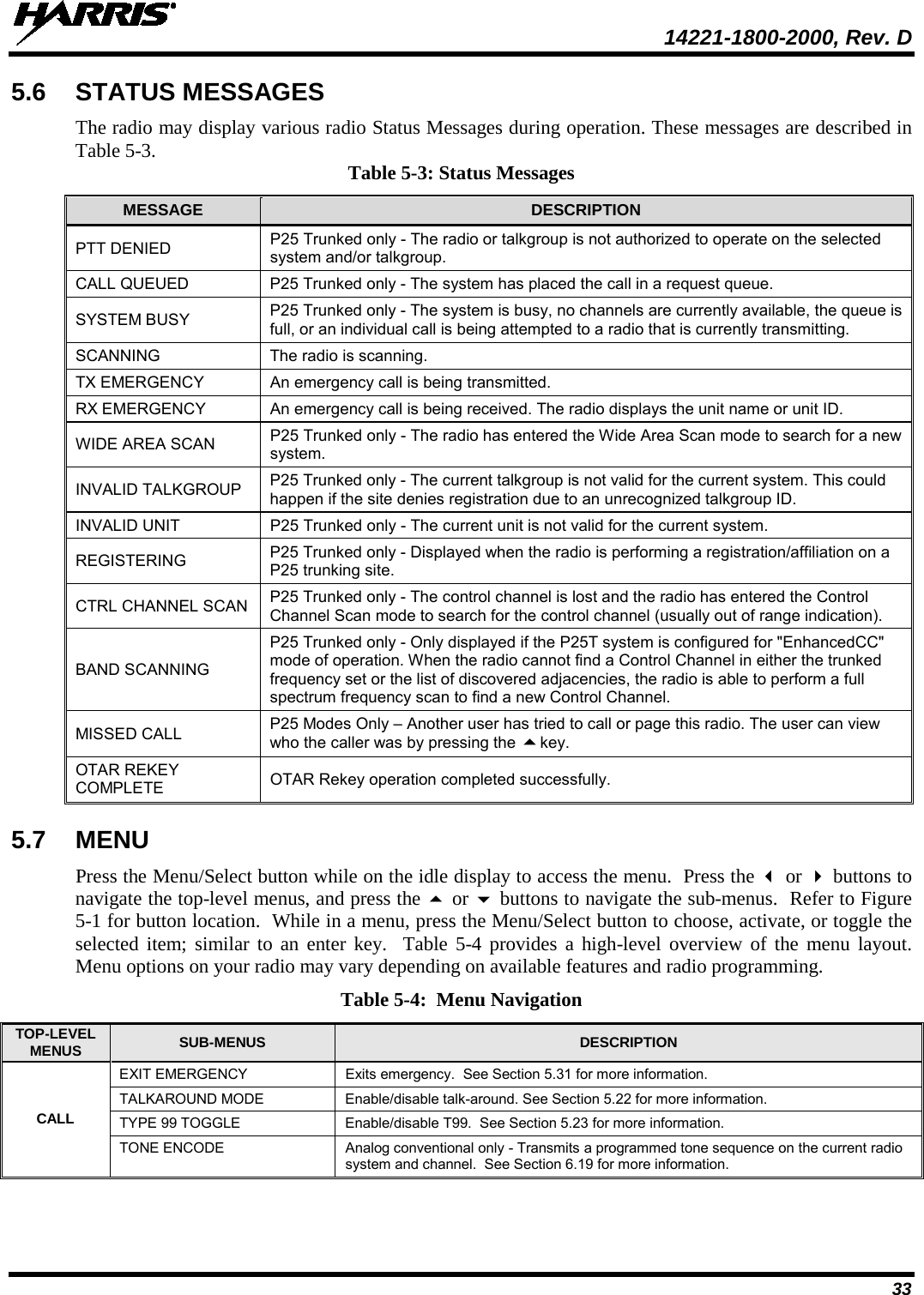  14221-1800-2000, Rev. D 33 5.6 STATUS MESSAGES The radio may display various radio Status Messages during operation. These messages are described in Table 5-3.  Table 5-3: Status Messages MESSAGE DESCRIPTION PTT DENIED P25 Trunked only - The radio or talkgroup is not authorized to operate on the selected system and/or talkgroup. CALL QUEUED P25 Trunked only - The system has placed the call in a request queue. SYSTEM BUSY P25 Trunked only - The system is busy, no channels are currently available, the queue is full, or an individual call is being attempted to a radio that is currently transmitting. SCANNING  The radio is scanning. TX EMERGENCY  An emergency call is being transmitted. RX EMERGENCY  An emergency call is being received. The radio displays the unit name or unit ID. WIDE AREA SCAN P25 Trunked only - The radio has entered the Wide Area Scan mode to search for a new system. INVALID TALKGROUP P25 Trunked only - The current talkgroup is not valid for the current system. This could happen if the site denies registration due to an unrecognized talkgroup ID. INVALID UNIT P25 Trunked only - The current unit is not valid for the current system. REGISTERING  P25 Trunked only - Displayed when the radio is performing a registration/affiliation on a P25 trunking site. CTRL CHANNEL SCAN P25 Trunked only - The control channel is lost and the radio has entered the Control Channel Scan mode to search for the control channel (usually out of range indication). BAND SCANNING P25 Trunked only - Only displayed if the P25T system is configured for &quot;EnhancedCC&quot; mode of operation. When the radio cannot find a Control Channel in either the trunked frequency set or the list of discovered adjacencies, the radio is able to perform a full spectrum frequency scan to find a new Control Channel. MISSED CALL P25 Modes Only – Another user has tried to call or page this radio. The user can view who the caller was by pressing the key. OTAR REKEY COMPLETE OTAR Rekey operation completed successfully. 5.7 MENU Press the Menu/Select button while on the idle display to access the menu.  Press the  or  buttons to navigate the top-level menus, and press the  or  buttons to navigate the sub-menus.  Refer to Figure 5-1 for button location.  While in a menu, press the Menu/Select button to choose, activate, or toggle the selected item; similar to an enter key.  Table 5-4 provides a high-level overview of the menu layout.  Menu options on your radio may vary depending on available features and radio programming. Table 5-4:  Menu Navigation TOP-LEVEL MENUS SUB-MENUS DESCRIPTION CALL EXIT EMERGENCY Exits emergency.  See Section 5.31 for more information. TALKAROUND MODE  Enable/disable talk-around. See Section 5.22 for more information. TYPE 99 TOGGLE Enable/disable T99.  See Section 5.23 for more information. TONE ENCODE Analog conventional only - Transmits a programmed tone sequence on the current radio system and channel.  See Section 6.19 for more information. 