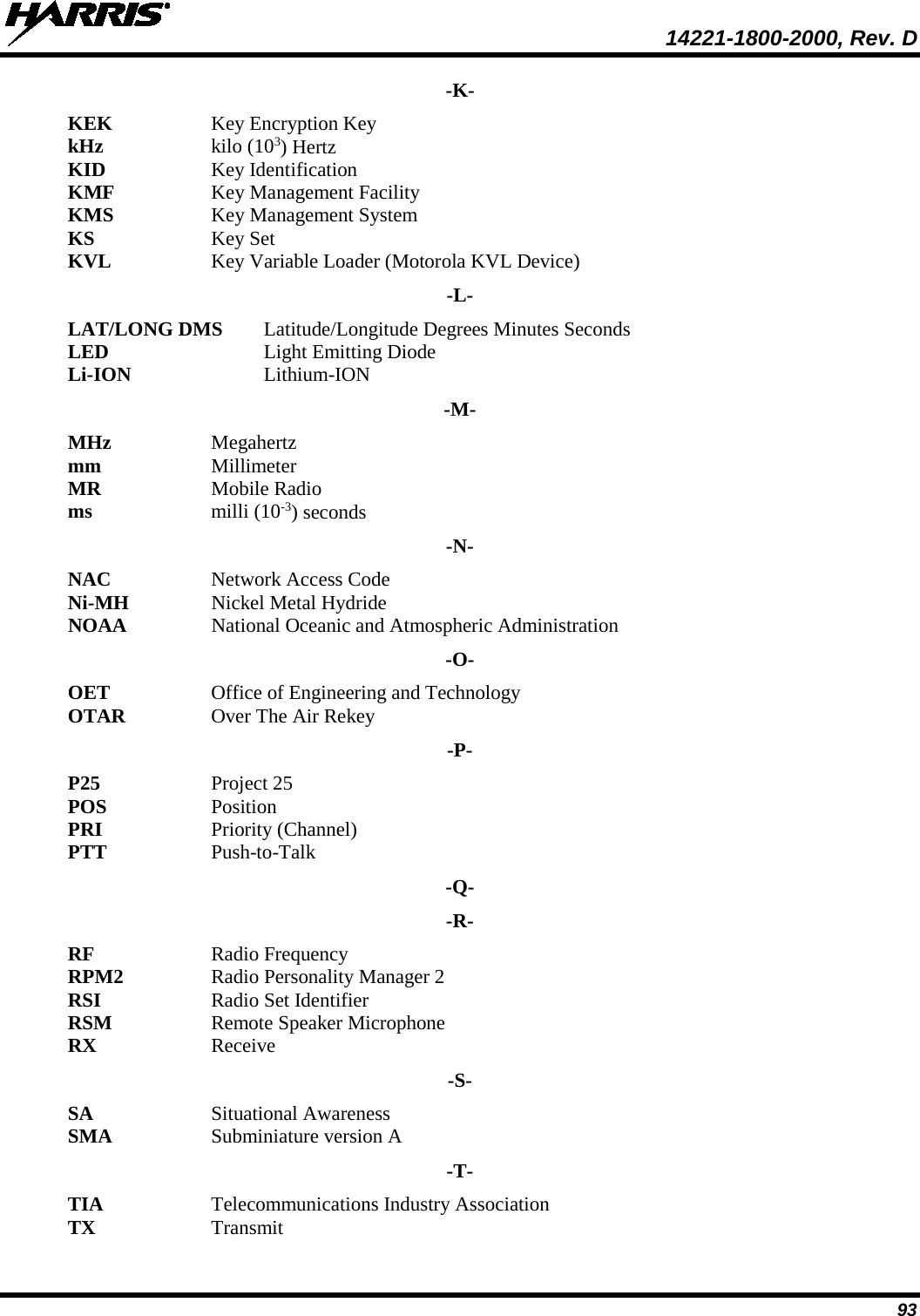  14221-1800-2000, Rev. D 93 -K- KEK Key Encryption Key kHz  kilo (103) Hertz KID Key Identification KMF  Key Management Facility KMS Key Management System KS Key Set KVL Key Variable Loader (Motorola KVL Device) -L- LAT/LONG DMS  Latitude/Longitude Degrees Minutes Seconds LED    Light Emitting Diode Li-ION    Lithium-ION -M- MHz Megahertz mm Millimeter MR  Mobile Radio ms milli (10-3) seconds -N- NAC Network Access Code Ni-MH Nickel Metal Hydride NOAA National Oceanic and Atmospheric Administration -O- OET  Office of Engineering and Technology OTAR Over The Air Rekey -P- P25 Project 25 POS  Position PRI Priority (Channel) PTT Push-to-Talk -Q- -R- RF  Radio Frequency RPM2 Radio Personality Manager 2 RSI Radio Set Identifier RSM Remote Speaker Microphone RX Receive -S- SA Situational Awareness  SMA  Subminiature version A -T- TIA  Telecommunications Industry Association TX Transmit 
