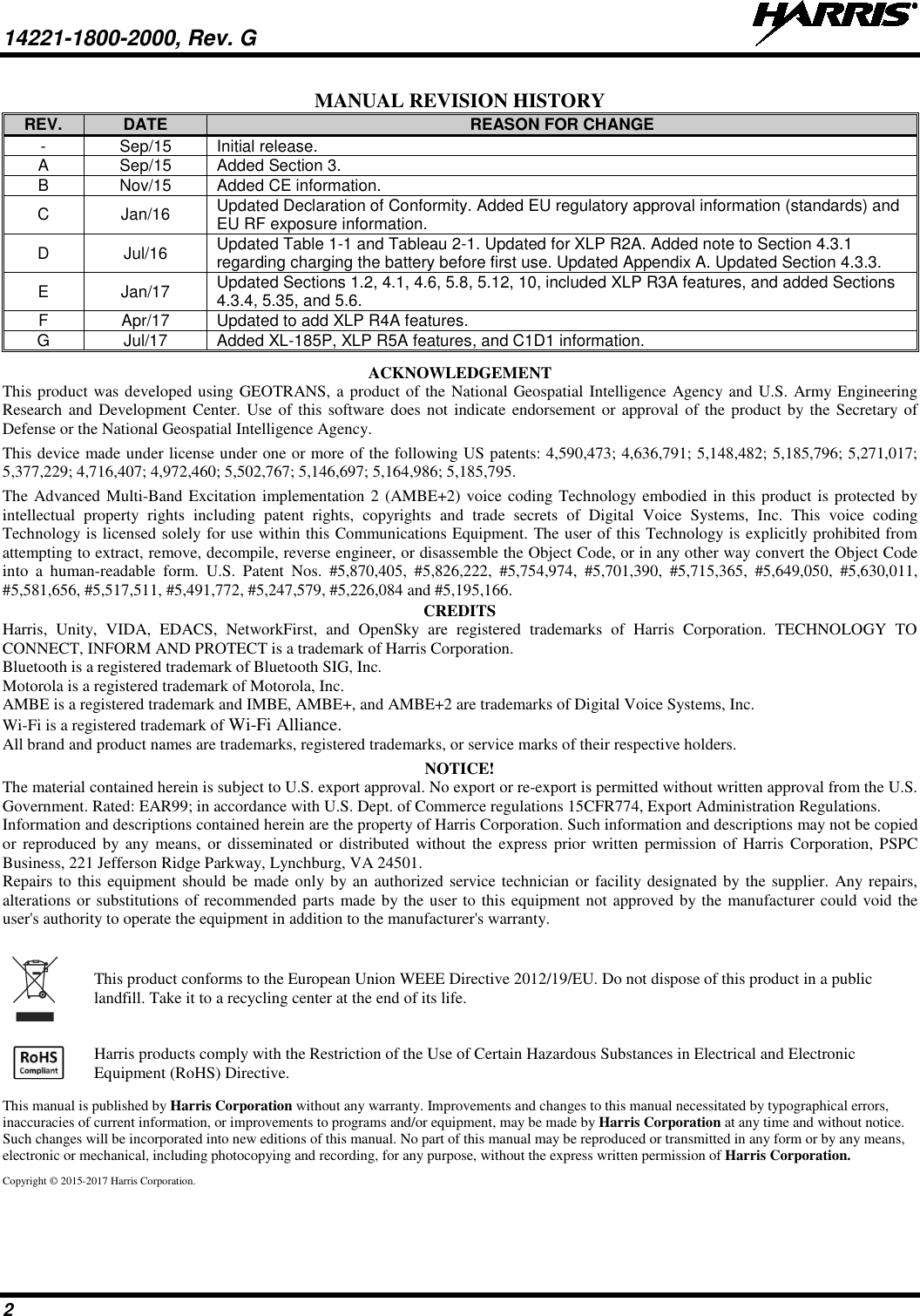 14221-1800-2000, Rev. G   2 MANUAL REVISION HISTORY REV. DATE REASON FOR CHANGE - Sep/15 Initial release. A Sep/15 Added Section 3. B Nov/15 Added CE information. C  Jan/16 Updated Declaration of Conformity. Added EU regulatory approval information (standards) and EU RF exposure information. D  Jul/16 Updated Table 1-1 and Tableau 2-1. Updated for XLP R2A. Added note to Section 4.3.1 regarding charging the battery before first use. Updated Appendix A. Updated Section 4.3.3. E  Jan/17 Updated Sections 1.2, 4.1, 4.6, 5.8, 5.12, 10, included XLP R3A features, and added Sections 4.3.4, 5.35, and 5.6. F Apr/17 Updated to add XLP R4A features.  G Jul/17 Added XL-185P, XLP R5A features, and C1D1 information. ACKNOWLEDGEMENT This product was developed using GEOTRANS, a product of the National Geospatial Intelligence Agency and U.S. Army Engineering Research and Development Center. Use of this software does not indicate endorsement or approval of the product by the Secretary of Defense or the National Geospatial Intelligence Agency.  This device made under license under one or more of the following US patents: 4,590,473; 4,636,791; 5,148,482; 5,185,796; 5,271,017; 5,377,229; 4,716,407; 4,972,460; 5,502,767; 5,146,697; 5,164,986; 5,185,795.  The Advanced Multi-Band Excitation implementation 2 (AMBE+2) voice coding Technology embodied in this product is protected by intellectual property rights including patent rights, copyrights and trade secrets of Digital Voice Systems, Inc. This voice coding Technology is licensed solely for use within this Communications Equipment. The user of this Technology is explicitly prohibited from attempting to extract, remove, decompile, reverse engineer, or disassemble the Object Code, or in any other way convert the Object Code into a human-readable form. U.S. Patent Nos. #5,870,405, #5,826,222, #5,754,974, #5,701,390, #5,715,365, #5,649,050, #5,630,011, #5,581,656, #5,517,511, #5,491,772, #5,247,579, #5,226,084 and #5,195,166. CREDITS Harris,  Unity,  VIDA, EDACS, NetworkFirst, and OpenSky are registered trademarks of Harris Corporation. TECHNOLOGY TO CONNECT, INFORM AND PROTECT is a trademark of Harris Corporation. Bluetooth is a registered trademark of Bluetooth SIG, Inc. Motorola is a registered trademark of Motorola, Inc. AMBE is a registered trademark and IMBE, AMBE+, and AMBE+2 are trademarks of Digital Voice Systems, Inc. Wi-Fi is a registered trademark of Wi-Fi Alliance. All brand and product names are trademarks, registered trademarks, or service marks of their respective holders. NOTICE! The material contained herein is subject to U.S. export approval. No export or re-export is permitted without written approval from the U.S. Government. Rated: EAR99; in accordance with U.S. Dept. of Commerce regulations 15CFR774, Export Administration Regulations. Information and descriptions contained herein are the property of Harris Corporation. Such information and descriptions may not be copied or reproduced by any means, or disseminated or distributed without the express prior written permission of Harris Corporation, PSPC Business, 221 Jefferson Ridge Parkway, Lynchburg, VA 24501. Repairs to this equipment should be made only by an authorized service technician or facility designated by the supplier. Any repairs, alterations or substitutions of recommended parts made by the user to this equipment not approved by the manufacturer could void the user&apos;s authority to operate the equipment in addition to the manufacturer&apos;s warranty.   This product conforms to the European Union WEEE Directive 2012/19/EU. Do not dispose of this product in a public landfill. Take it to a recycling center at the end of its life.    Harris products comply with the Restriction of the Use of Certain Hazardous Substances in Electrical and Electronic Equipment (RoHS) Directive. This manual is published by Harris Corporation without any warranty. Improvements and changes to this manual necessitated by typographical errors, inaccuracies of current information, or improvements to programs and/or equipment, may be made by Harris Corporation at any time and without notice. Such changes will be incorporated into new editions of this manual. No part of this manual may be reproduced or transmitted in any form or by any means, electronic or mechanical, including photocopying and recording, for any purpose, without the express written permission of Harris Corporation. Copyright © 2015-2017 Harris Corporation. 