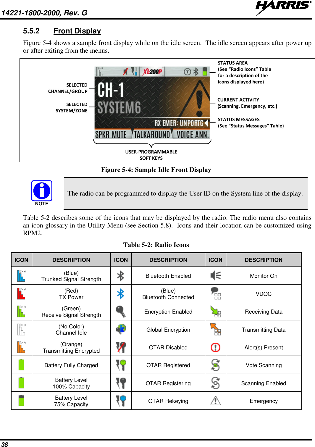 14221-1800-2000, Rev. G   38 5.5.2 Front Display Figure 5-4 shows a sample front display while on the idle screen.  The idle screen appears after power up or after exiting from the menus.    Figure 5-4: Sample Idle Front Display  The radio can be programmed to display the User ID on the System line of the display.  Table 5-2 describes some of the icons that may be displayed by the radio. The radio menu also contains an icon glossary in the Utility Menu (see Section 5.8).  Icons and their location can be customized using RPM2. Table 5-2: Radio Icons ICON DESCRIPTION ICON DESCRIPTION ICON DESCRIPTION  (Blue) Trunked Signal Strength  Bluetooth Enabled  Monitor On  (Red) TX Power  (Blue) Bluetooth Connected  VDOC  (Green) Receive Signal Strength  Encryption Enabled  Receiving Data  (No Color) Channel Idle  Global Encryption  Transmitting Data  (Orange) Transmitting Encrypted  OTAR Disabled  Alert(s) Present  Battery Fully Charged  OTAR Registered  Vote Scanning  Battery Level 100% Capacity  OTAR Registering  Scanning Enabled  Battery Level  75% Capacity  OTAR Rekeying  Emergency NOTE