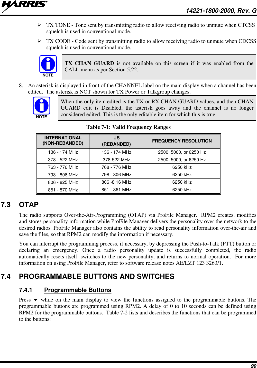  14221-1800-2000, Rev. G 99  TX TONE - Tone sent by transmitting radio to allow receiving radio to unmute when CTCSS squelch is used in conventional mode.  TX CODE - Code sent by transmitting radio to allow receiving radio to unmute when CDCSS squelch is used in conventional mode.  TX CHAN GUARD is not available on this screen if it was enabled from the CALL menu as per Section 5.22. 8. An asterisk is displayed in front of the CHANNEL label on the main display when a channel has been edited.  The asterisk is NOT shown for TX Power or Talkgroup changes.  When the only item edited is the TX or RX CHAN GUARD values, and then CHAN GUARD edit is Disabled, the asterisk goes away and the channel is no longer considered edited. This is the only editable item for which this is true. Table 7-1: Valid Frequency Ranges INTERNATIONAL (NON-REBANDED) US (REBANDED) FREQUENCY RESOLUTION 136 - 174 MHz 136 - 174 MHz 2500, 5000, or 6250 Hz 378 - 522 MHz 378-522 MHz 2500, 5000, or 6250 Hz 763 - 776 MHz 768 - 776 MHz 6250 kHz 793 - 806 MHz 798 - 806 MHz 6250 kHz 806 - 825 MHz 806 -8 16 MHz 6250 kHz 851 - 870 MHz 851 - 861 MHz 6250 kHz 7.3 OTAP The radio supports Over-the-Air-Programming (OTAP) via ProFile Manager.  RPM2 creates, modifies and stores personality information while ProFile Manager delivers the personality over the network to the desired radios. ProFile Manager also contains the ability to read personality information over-the-air and save the files, so that RPM2 can modify the information if necessary.  You can interrupt the programming process, if necessary, by depressing the Push-to-Talk (PTT) button or declaring an emergency. Once a radio personality update is successfully completed, the radio automatically resets itself, switches to the new personality, and returns to normal operation.  For more information on using ProFile Manager, refer to software release notes AE/LZT 123 3263/1. 7.4 PROGRAMMABLE BUTTONS AND SWITCHES 7.4.1 Programmable Buttons Press  while on the main display to view the functions assigned to the  programmable buttons. The programmable buttons are programmed using RPM2. A delay of 0 to 10 seconds can be defined using RPM2 for the programmable buttons.  Table 7-2 lists and describes the functions that can be programmed to the buttons: NOTENOTE