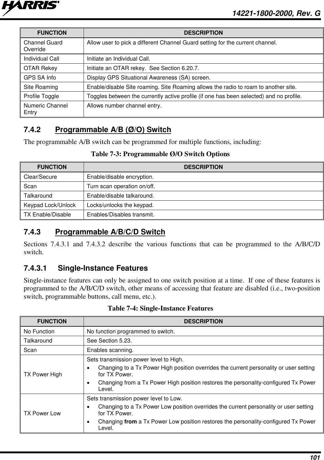  14221-1800-2000, Rev. G 101 FUNCTION DESCRIPTION Channel Guard Override  Allow user to pick a different Channel Guard setting for the current channel. Individual Call  Initiate an Individual Call. OTAR Rekey  Initiate an OTAR rekey.  See Section 6.20.7. GPS SA Info  Display GPS Situational Awareness (SA) screen. Site Roaming   Enable/disable Site roaming. Site Roaming allows the radio to roam to another site. Profile Toggle Toggles between the currently active profile (if one has been selected) and no profile. Numeric Channel Entry  Allows number channel entry. 7.4.2 Programmable A/B (Ø/O) Switch The programmable A/B switch can be programmed for multiple functions, including: Table 7-3: Programmable Ø/O Switch Options FUNCTION DESCRIPTION Clear/Secure  Enable/disable encryption. Scan  Turn scan operation on/off. Talkaround Enable/disable talkaround. Keypad Lock/Unlock Locks/unlocks the keypad. TX Enable/Disable Enables/Disables transmit. 7.4.3 Programmable A/B/C/D Switch Sections  7.4.3.1  and  7.4.3.2  describe  the various functions  that can be programmed to the A/B/C/D switch. 7.4.3.1 Single-Instance Features Single-instance features can only be assigned to one switch position at a time.  If one of these features is programmed to the A/B/C/D switch, other means of accessing that feature are disabled (i.e., two-position switch, programmable buttons, call menu, etc.).   Table 7-4: Single-Instance Features FUNCTION DESCRIPTION No Function No function programmed to switch. Talkaround See Section 5.23. Scan  Enables scanning. TX Power High Sets transmission power level to High. • Changing to a Tx Power High position overrides the current personality or user setting for TX Power. • Changing from a Tx Power High position restores the personality-configured Tx Power Level. TX Power Low Sets transmission power level to Low. • Changing to a Tx Power Low position overrides the current personality or user setting for TX Power. • Changing from a Tx Power Low position restores the personality-configured Tx Power Level. 