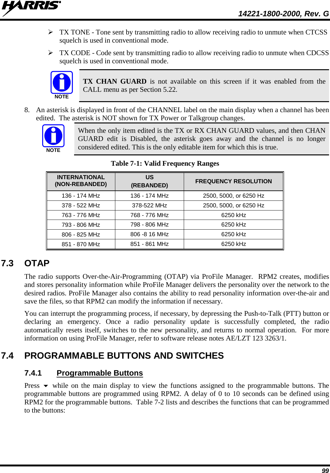  14221-1800-2000, Rev. G 99  TX TONE - Tone sent by transmitting radio to allow receiving radio to unmute when CTCSS squelch is used in conventional mode.  TX CODE - Code sent by transmitting radio to allow receiving radio to unmute when CDCSS squelch is used in conventional mode.  TX CHAN GUARD is not available on this screen if it was enabled from the CALL menu as per Section 5.22. 8. An asterisk is displayed in front of the CHANNEL label on the main display when a channel has been edited.  The asterisk is NOT shown for TX Power or Talkgroup changes.  When the only item edited is the TX or RX CHAN GUARD values, and then CHAN GUARD edit is Disabled, the asterisk goes away and the channel is no longer considered edited. This is the only editable item for which this is true. Table 7-1: Valid Frequency Ranges INTERNATIONAL (NON-REBANDED) US (REBANDED) FREQUENCY RESOLUTION 136 - 174 MHz 136 - 174 MHz 2500, 5000, or 6250 Hz 378 - 522 MHz 378-522 MHz 2500, 5000, or 6250 Hz 763 - 776 MHz 768 - 776 MHz 6250 kHz 793 - 806 MHz 798 - 806 MHz 6250 kHz 806 - 825 MHz 806 -8 16 MHz 6250 kHz 851 - 870 MHz 851 - 861 MHz 6250 kHz 7.3 OTAP The radio supports Over-the-Air-Programming (OTAP) via ProFile Manager.  RPM2 creates, modifies and stores personality information while ProFile Manager delivers the personality over the network to the desired radios. ProFile Manager also contains the ability to read personality information over-the-air and save the files, so that RPM2 can modify the information if necessary.  You can interrupt the programming process, if necessary, by depressing the Push-to-Talk (PTT) button or declaring an emergency. Once a radio personality update is successfully completed, the radio automatically resets itself, switches to the new personality, and returns to normal operation.  For more information on using ProFile Manager, refer to software release notes AE/LZT 123 3263/1. 7.4 PROGRAMMABLE BUTTONS AND SWITCHES 7.4.1 Programmable Buttons Press  while on the main display to view the functions assigned to the programmable buttons. The programmable buttons are programmed using RPM2. A delay of 0 to 10 seconds can be defined using RPM2 for the programmable buttons.  Table 7-2 lists and describes the functions that can be programmed to the buttons: NOTENOTE