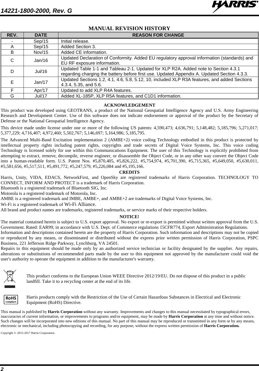 14221-1800-2000, Rev. G   2 MANUAL REVISION HISTORY REV. DATE REASON FOR CHANGE - Sep/15 Initial release. A Sep/15 Added Section 3. B Nov/15 Added CE information. C  Jan/16 Updated Declaration of Conformity. Added EU regulatory approval information (standards) and EU RF exposure information. D  Jul/16 Updated Table 1-1 and Tableau 2-1. Updated for XLP R2A. Added note to Section 4.3.1 regarding charging the battery before first use. Updated Appendix A. Updated Section 4.3.3. E  Jan/17 Updated Sections 1.2, 4.1, 4.6, 5.8, 5.12, 10, included XLP R3A features, and added Sections 4.3.4, 5.35, and 5.6. F Apr/17 Updated to add XLP R4A features.  G Jul/17 Added XL-185P, XLP R5A features, and C1D1 information. ACKNOWLEDGEMENT This product was developed using GEOTRANS, a product of the National Geospatial Intelligence Agency and U.S. Army Engineering Research and Development Center. Use of this software does not indicate endorsement or approval of the product by the Secretary of Defense or the National Geospatial Intelligence Agency.  This device made under license under one or more of the following US patents: 4,590,473; 4,636,791; 5,148,482; 5,185,796; 5,271,017; 5,377,229; 4,716,407; 4,972,460; 5,502,767; 5,146,697; 5,164,986; 5,185,795.  The Advanced Multi-Band Excitation implementation 2 (AMBE+2) voice coding Technology embodied in this product is protected by intellectual property rights including patent rights, copyrights and trade secrets of Digital Voice Systems, Inc. This voice coding Technology is licensed solely for use within this Communications Equipment. The user of this Technology is explicitly prohibited from attempting to extract, remove, decompile, reverse engineer, or disassemble the Object Code, or in any other way convert the Object Code into a human-readable form. U.S. Patent Nos. #5,870,405, #5,826,222, #5,754,974, #5,701,390, #5,715,365, #5,649,050, #5,630,011, #5,581,656, #5,517,511, #5,491,772, #5,247,579, #5,226,084 and #5,195,166. CREDITS Harris,  Unity,  VIDA, EDACS, NetworkFirst, and OpenSky are registered trademarks of Harris Corporation. TECHNOLOGY TO CONNECT, INFORM AND PROTECT is a trademark of Harris Corporation. Bluetooth is a registered trademark of Bluetooth SIG, Inc. Motorola is a registered trademark of Motorola, Inc. AMBE is a registered trademark and IMBE, AMBE+, and AMBE+2 are trademarks of Digital Voice Systems, Inc. Wi-Fi is a registered trademark of Wi-Fi Alliance. All brand and product names are trademarks, registered trademarks, or service marks of their respective holders. NOTICE! The material contained herein is subject to U.S. export approval. No export or re-export is permitted without written approval from the U.S. Government. Rated: EAR99; in accordance with U.S. Dept. of Commerce regulations 15CFR774, Export Administration Regulations. Information and descriptions contained herein are the property of Harris Corporation. Such information and descriptions may not be copied or reproduced by any means, or disseminated or distributed without the express prior written permission of Harris Corporation, PSPC Business, 221 Jefferson Ridge Parkway, Lynchburg, VA 24501. Repairs to this equipment should be made only by an authorized service technician or facility designated by the supplier. Any repairs, alterations or substitutions of recommended parts made by the user to this equipment not approved by the manufacturer could void the user&apos;s authority to operate the equipment in addition to the manufacturer&apos;s warranty.   This product conforms to the European Union WEEE Directive 2012/19/EU. Do not dispose of this product in a public landfill. Take it to a recycling center at the end of its life.    Harris products comply with the Restriction of the Use of Certain Hazardous Substances in Electrical and Electronic Equipment (RoHS) Directive. This manual is published by Harris Corporation without any warranty. Improvements and changes to this manual necessitated by typographical errors, inaccuracies of current information, or improvements to programs and/or equipment, may be made by Harris Corporation at any time and without notice. Such changes will be incorporated into new editions of this manual. No part of this manual may be reproduced or transmitted in any form or by any means, electronic or mechanical, including photocopying and recording, for any purpose, without the express written permission of Harris Corporation. Copyright © 2015-2017 Harris Corporation. 