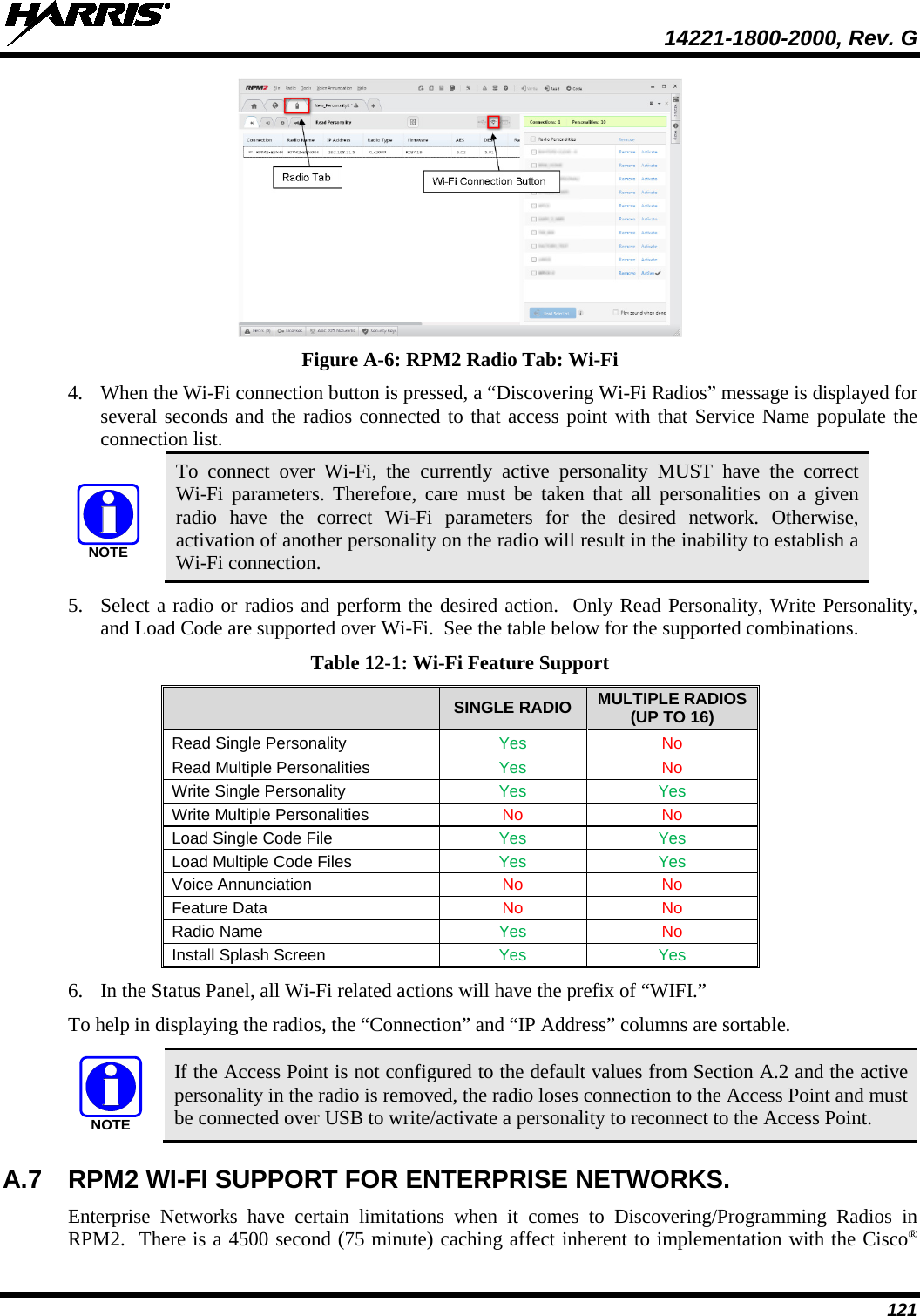  14221-1800-2000, Rev. G 121  Figure A-6: RPM2 Radio Tab: Wi-Fi 4. When the Wi-Fi connection button is pressed, a “Discovering Wi-Fi Radios” message is displayed for several seconds and the radios connected to that access point with that Service Name populate the connection list.  To connect over Wi-Fi, the currently active personality MUST have the correct Wi-Fi parameters. Therefore, care must be taken that all personalities on a given radio have the correct Wi-Fi parameters for the desired network. Otherwise, activation of another personality on the radio will result in the inability to establish a Wi-Fi connection. 5. Select a radio or radios and perform the desired action.  Only Read Personality, Write Personality, and Load Code are supported over Wi-Fi.  See the table below for the supported combinations. Table 12-1: Wi-Fi Feature Support  SINGLE RADIO MULTIPLE RADIOS (UP TO 16) Read Single Personality  Yes No Read Multiple Personalities Yes No Write Single Personality Yes Yes Write Multiple Personalities No No Load Single Code File Yes Yes Load Multiple Code Files Yes Yes Voice Annunciation No No Feature Data No No Radio Name Yes No Install Splash Screen Yes Yes 6. In the Status Panel, all Wi-Fi related actions will have the prefix of “WIFI.” To help in displaying the radios, the “Connection” and “IP Address” columns are sortable.   If the Access Point is not configured to the default values from Section A.2 and the active personality in the radio is removed, the radio loses connection to the Access Point and must be connected over USB to write/activate a personality to reconnect to the Access Point. A.7 RPM2 WI-FI SUPPORT FOR ENTERPRISE NETWORKS. Enterprise Networks have certain limitations when it comes to Discovering/Programming Radios in RPM2.  There is a 4500 second (75 minute) caching affect inherent to implementation with the Cisco® NOTENOTE